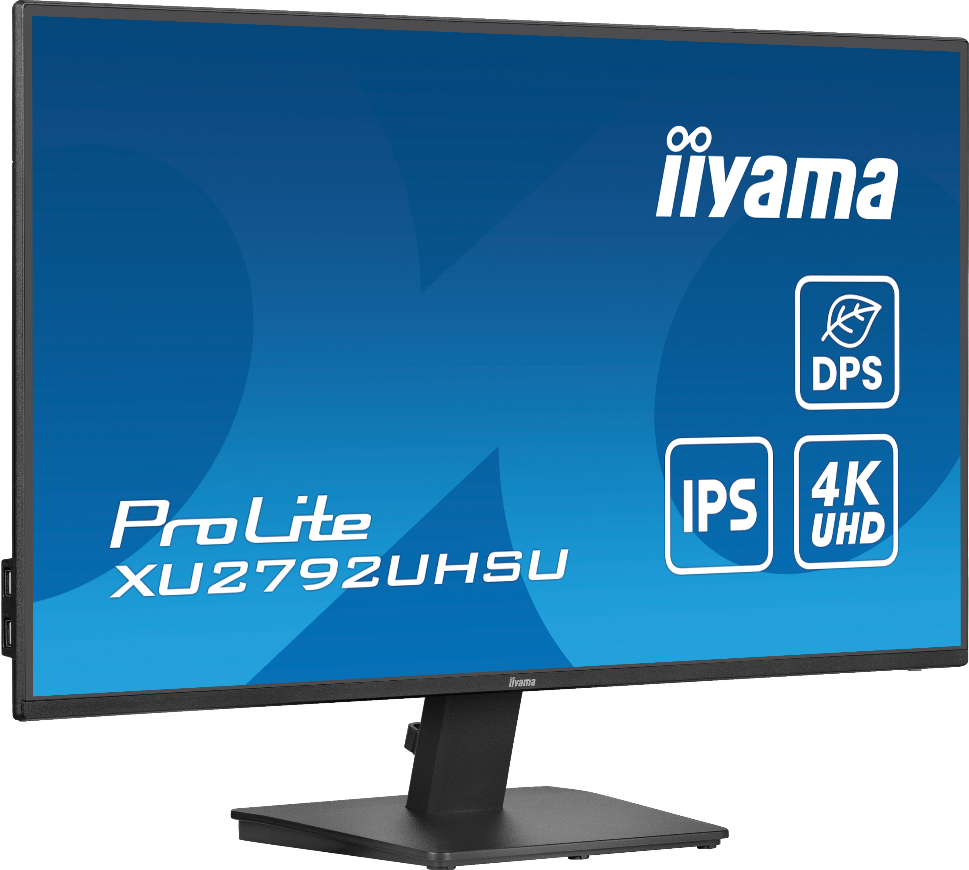 Ein Iiyama ProLite XU2792UHSU Monitor. Er hat einen blauen Bildschirm mit weißen Logos und Text. Schwarzer Rahmen und Ständer.