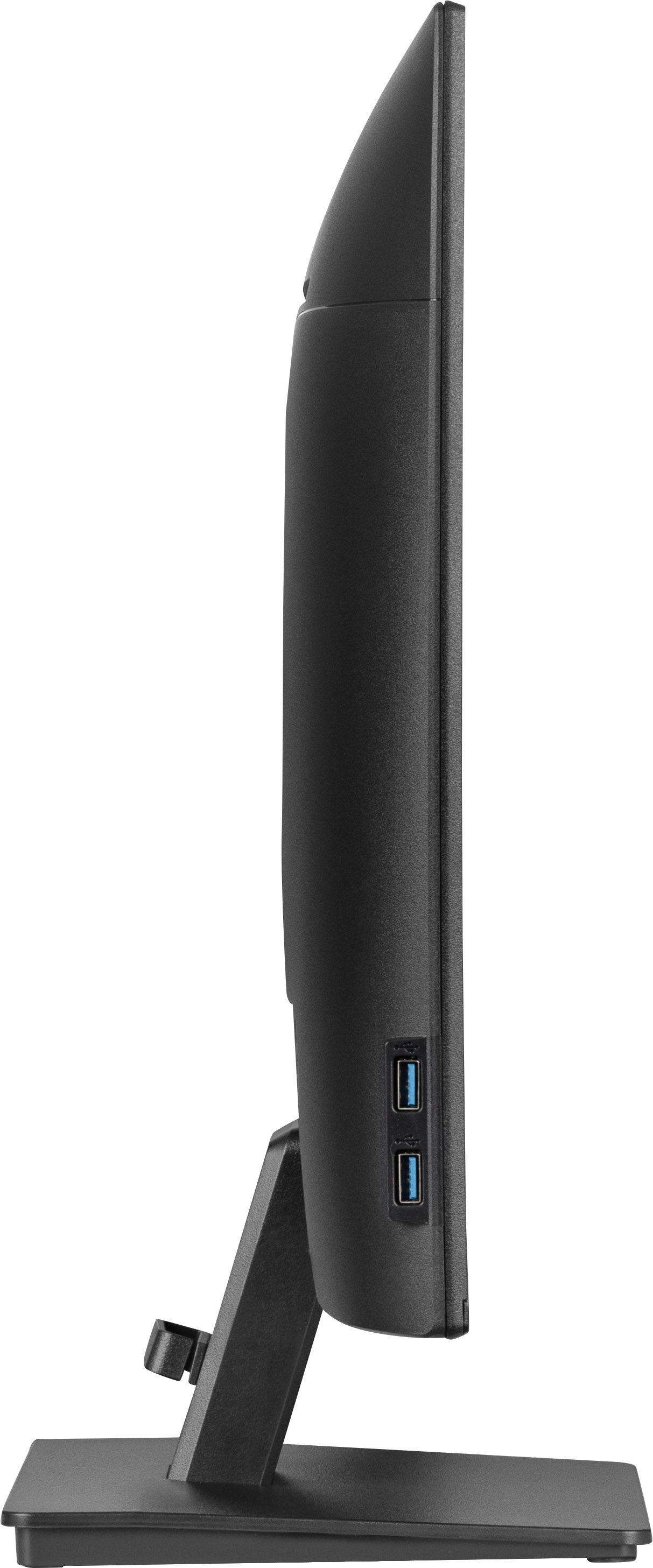 Seitenansicht eines schwarzen Computermonitors. Sichtbar sind der Ständer, die Anschlüsse und die Seite des Bildschirms. Er steht vor einem weißen Hintergrund.
