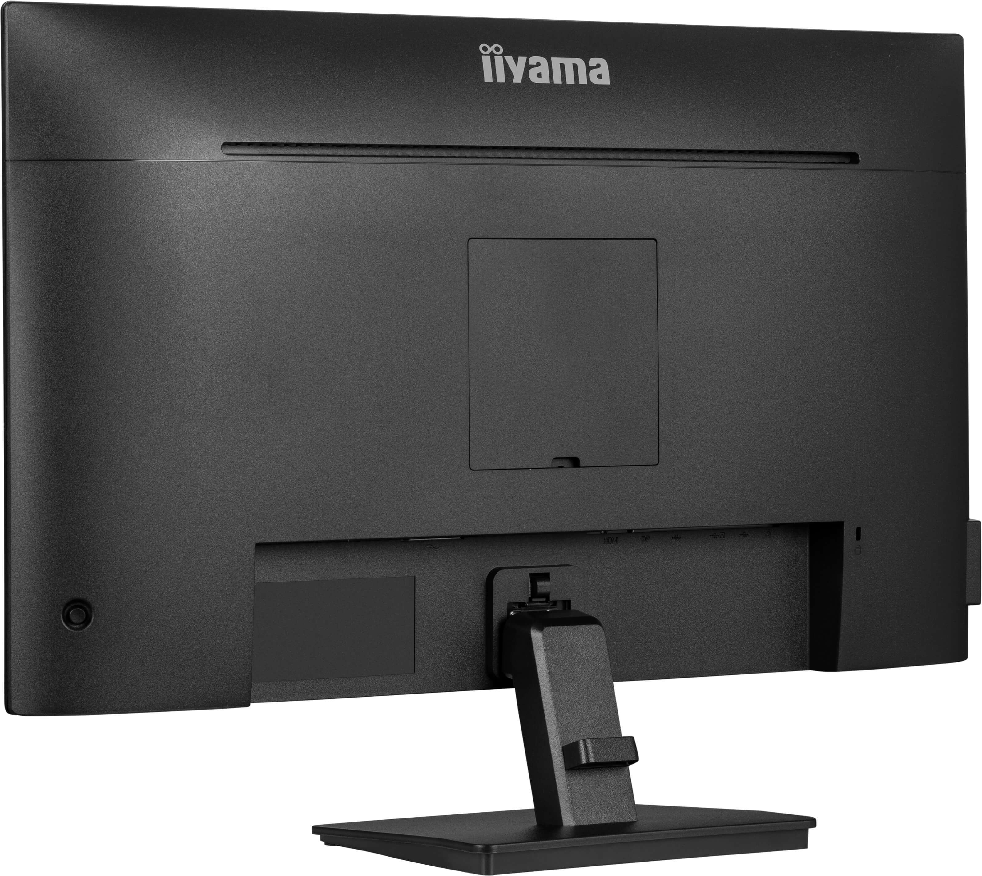 Rückansicht eines schwarzen Computermonitors. Er hat einen Ständer und die Marke 'iiyama' ist sichtbar.