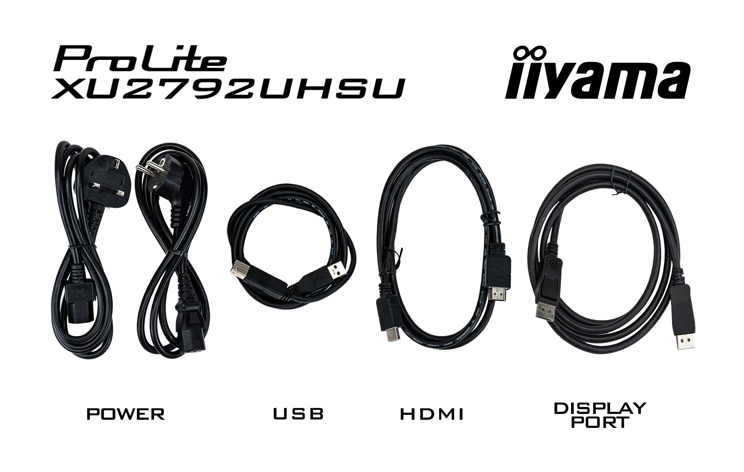 Das Bild zeigt Kabel: Strom, USB, HDMI und DisplayPort. Weißer Hintergrund, mit Produktname und Logo.