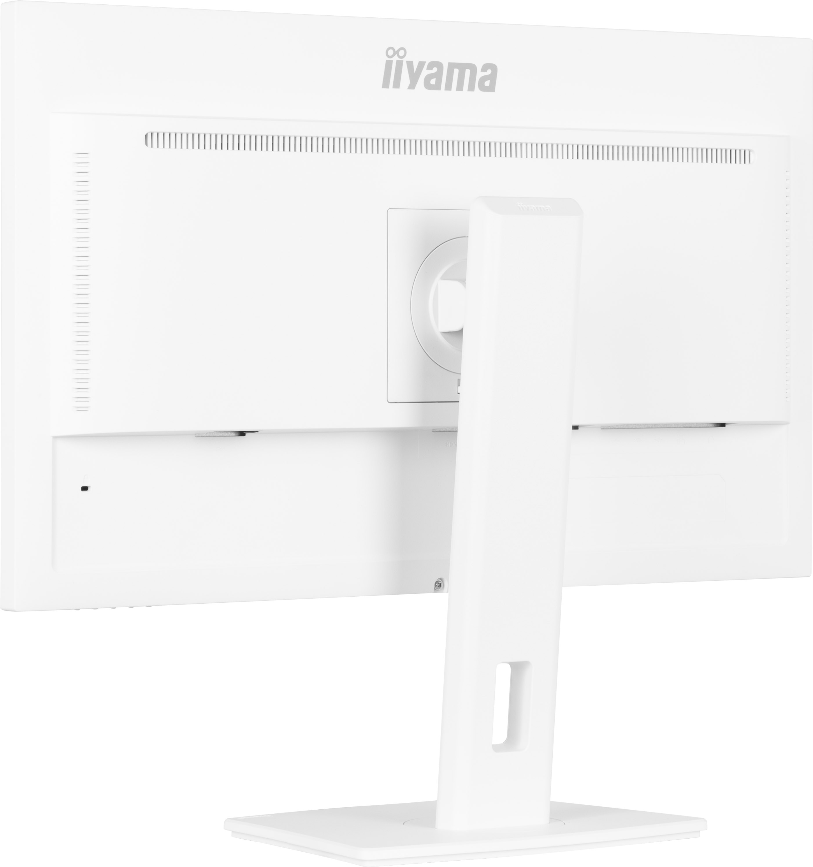 Rückseite eines weißen Computermonitors. Der Ständer und die Rückseite des Monitors sind weiß.