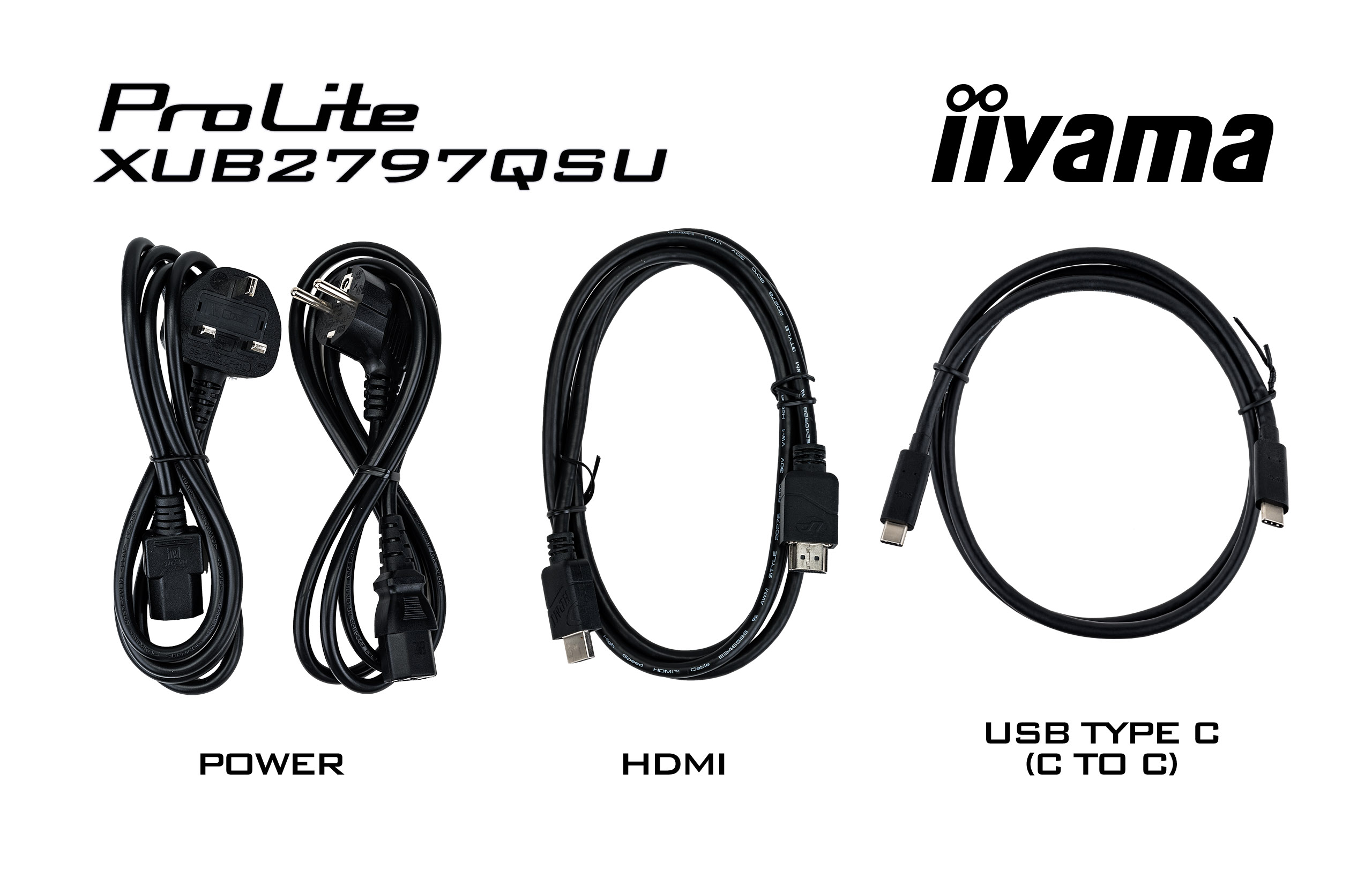 Das Bild zeigt ein Netzkabel, ein HDMI-Kabel und ein USB-C-Kabel. Markennamen sind sichtbar.