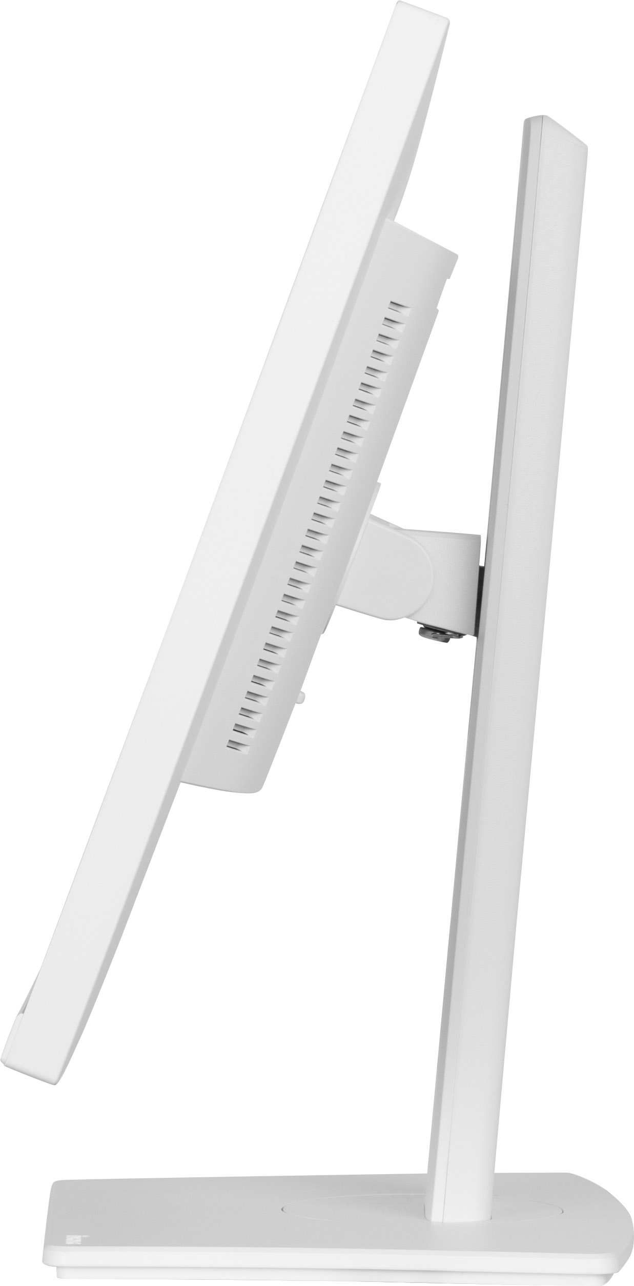 Ein weißer Computermonitor, Seitenansicht, abgewinkelt. Er hat einen Ständer, einen Bildschirm und Belüftungslöcher an der Seite. Der Hintergrund ist weiß.