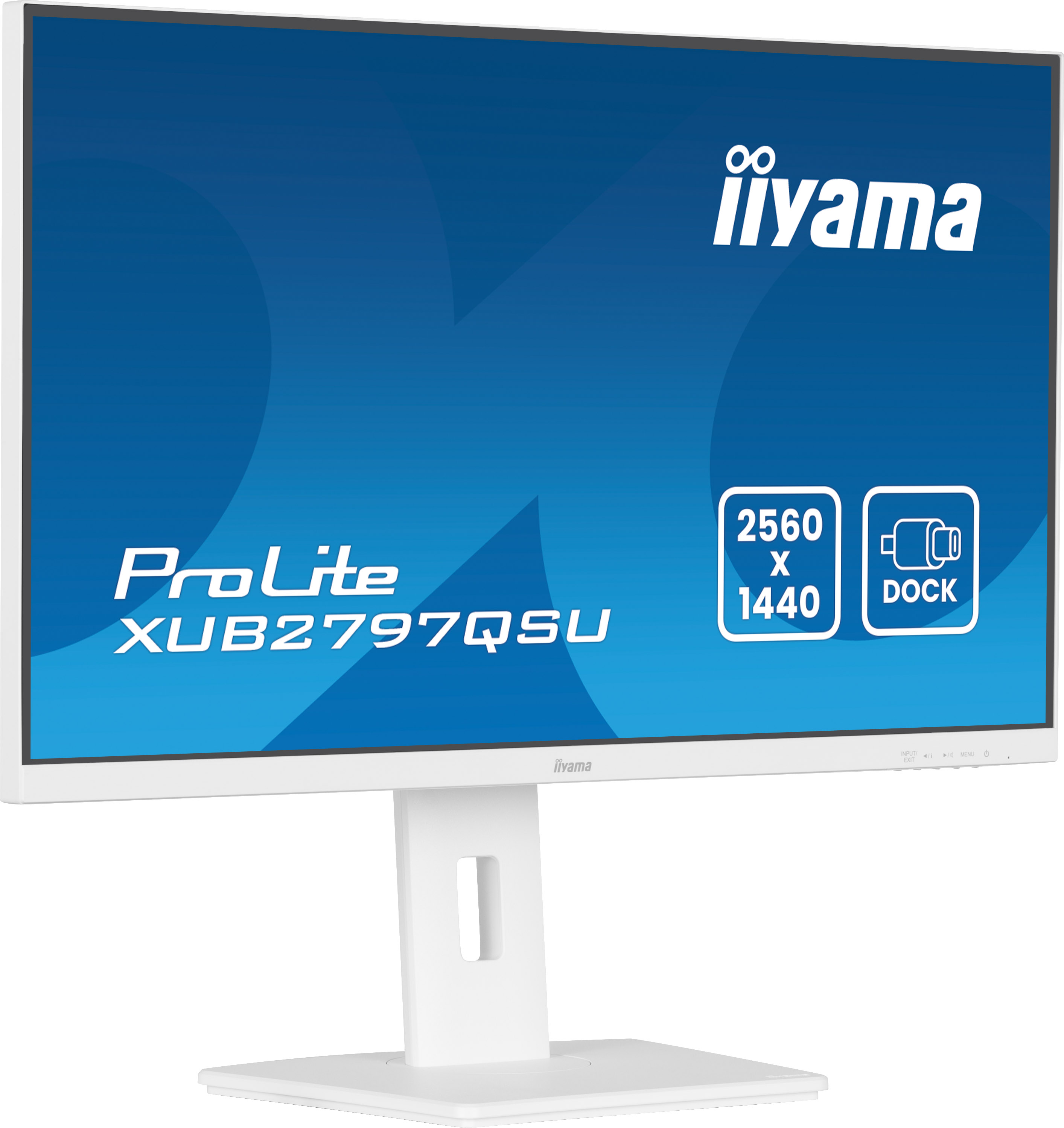 Ein weißer iiyama-Monitor mit blauem Bildschirm zeigt Produktinformationen. Er hat einen weißen Ständer und eine Basis.