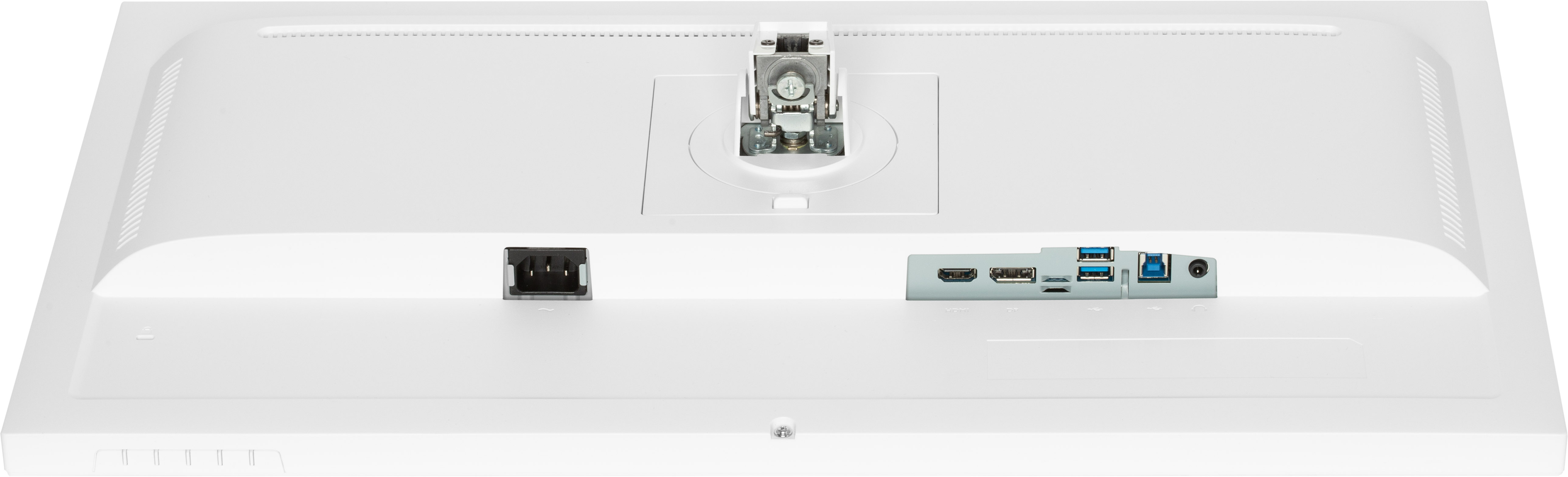 Rückseite eines weißen Monitors. Merkmale: Anschlüsse, Halterung und Belüftung. Anschlüsse: HDMI, USB und Strom.