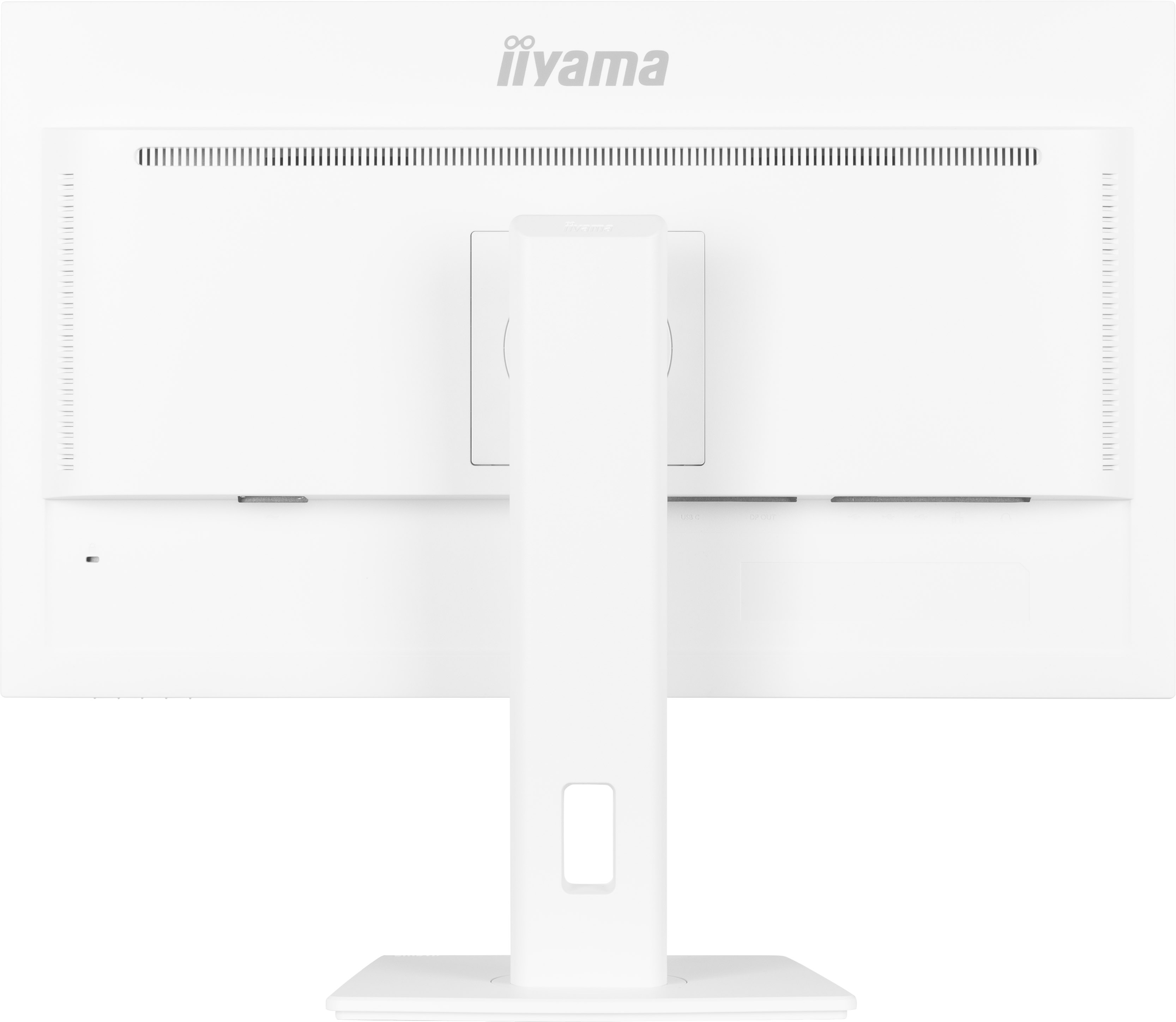 Rückseite eines weißen Monitors mit der Marke 'iiyama'. Er hat einen Ständer und mehrere Anschlüsse und Lüftungsschlitze.