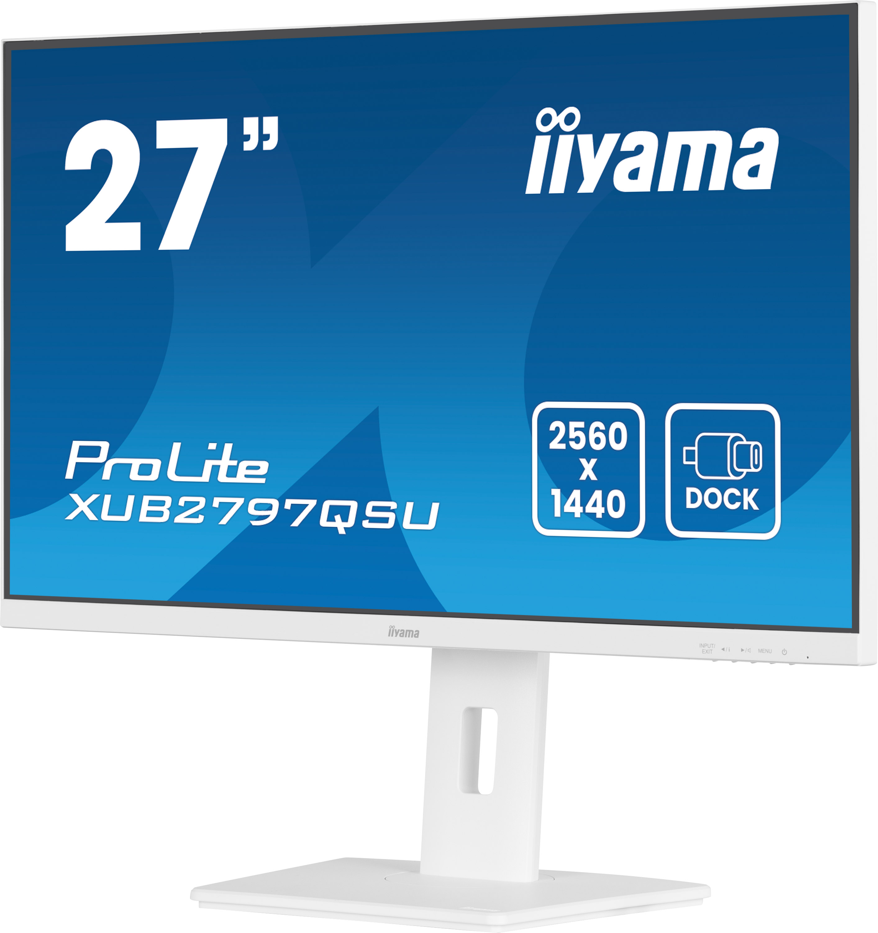 Ein weißer 27-Zoll-Monitor von iiyama mit blauem Bildschirm. Zeigt Modellnamen und Auflösung. Weißer Standfuß.