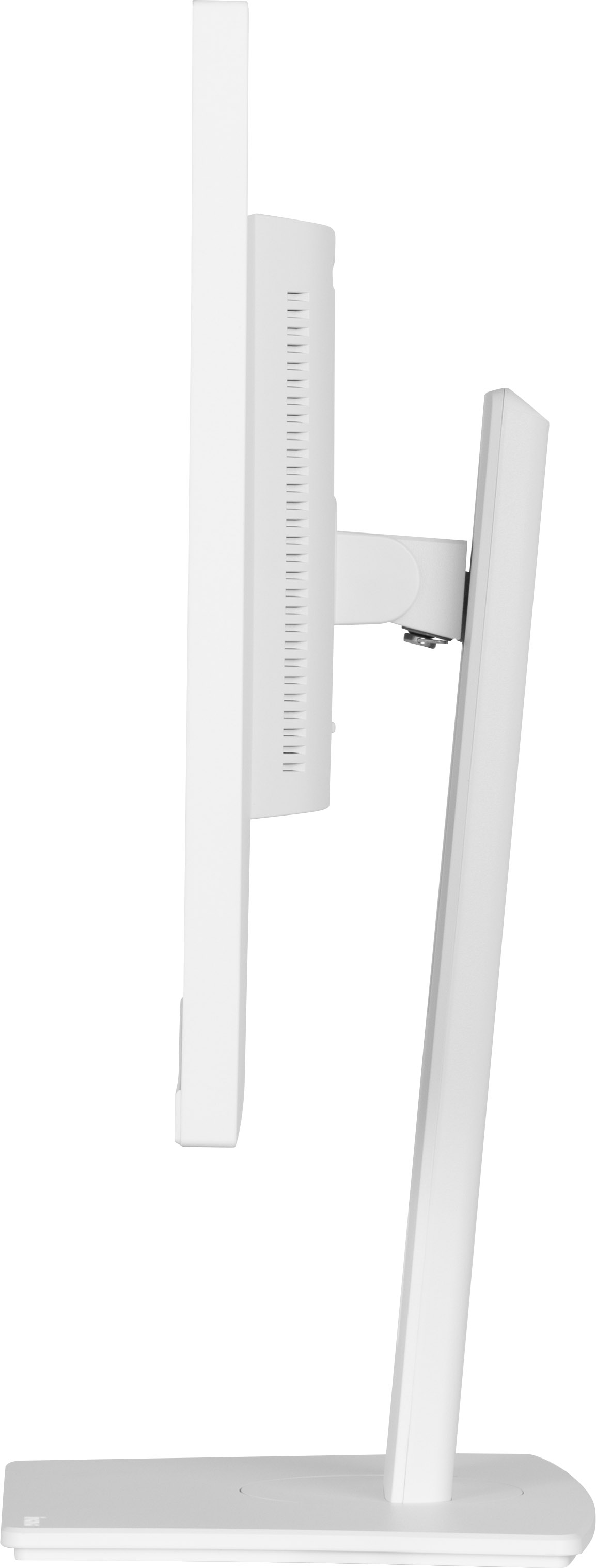 Ein weißer Computermonitor wird von der Seite gezeigt, mit einem Ständer und einer Basis. Der Monitor ist überwiegend rechteckig.