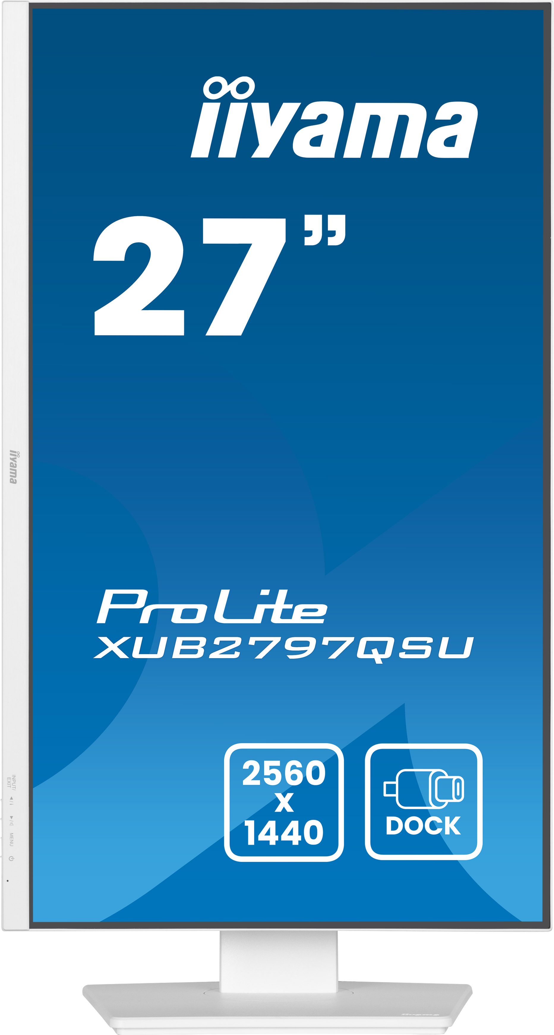 Ein weißer iiyama-Monitor mit blauem Bildschirm zeigt Branding und Spezifikationen. Der Bildschirm zeigt '27"' und 'ProLite XUB2797QSU'.