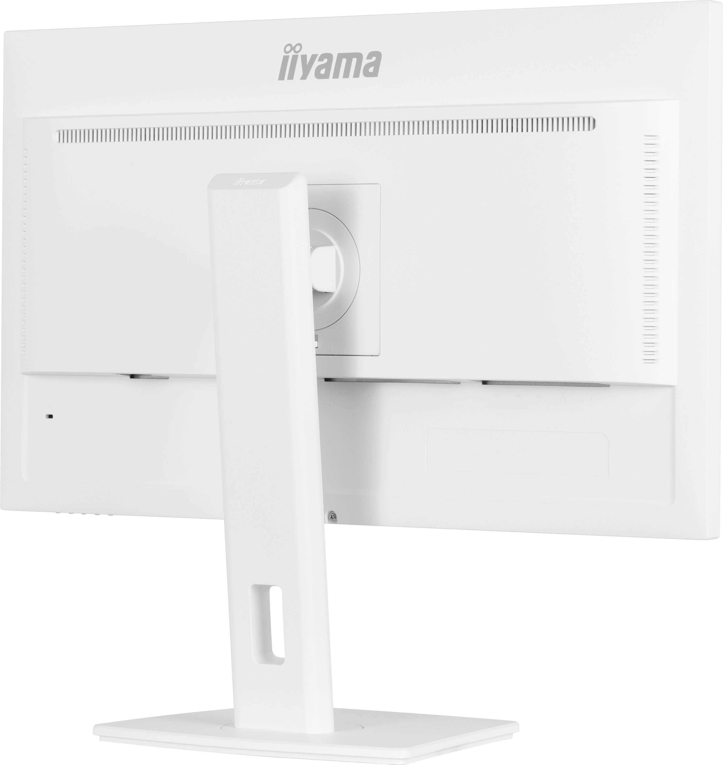 Rückseite eines weißen iiyama-Monitors mit Ständer. Das Logo ist oben sichtbar. Der Ständer ist ebenfalls weiß.