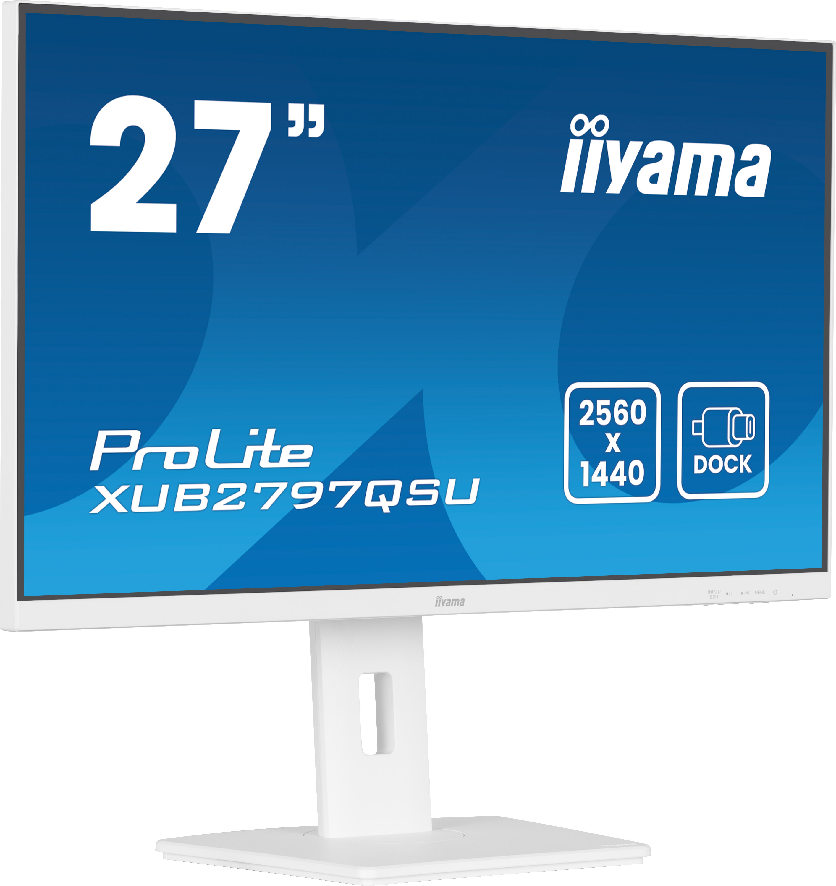 Ein weißer Iiyama 27" ProLite-Monitor mit blauem Hintergrund. Er hat eine Dockingstation und eine Auflösung von 2560 x 1440.