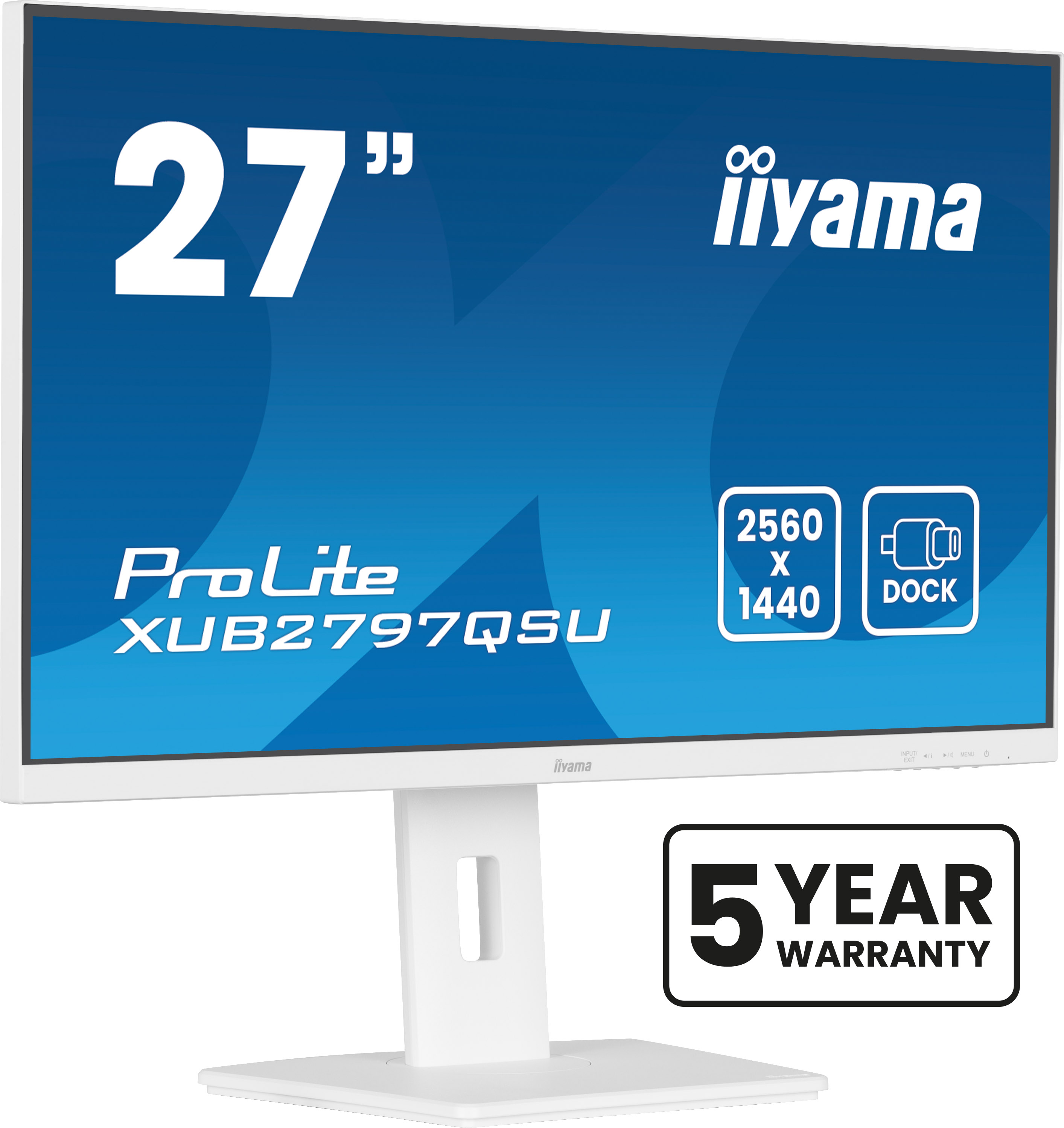 Ein weißer Iiyama-Monitor mit blauem Bildschirm, der Details wie Größe, Auflösung und eine 5-Jahres-Garantie anzeigt.