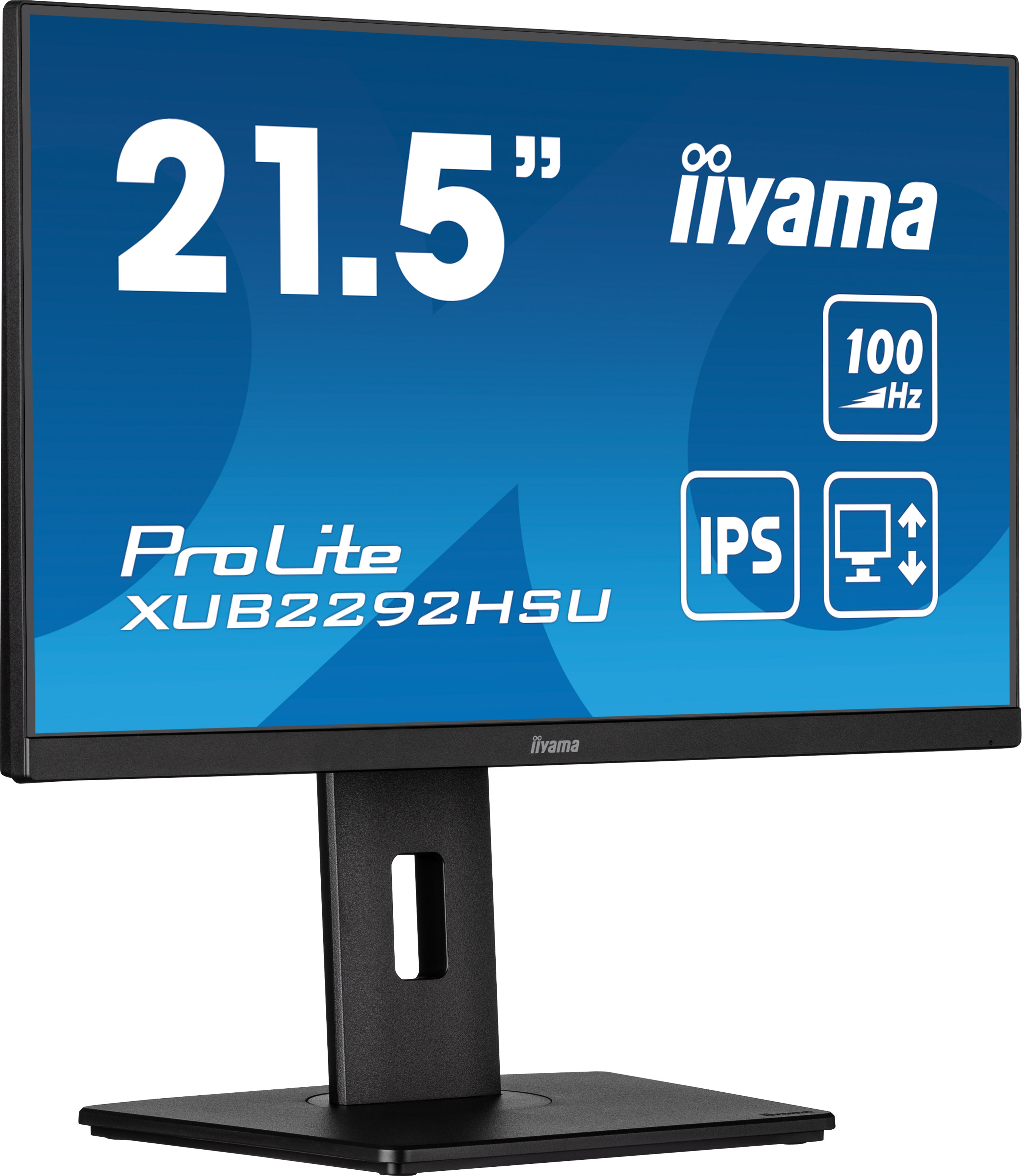 Ein Iiyama-Monitor mit schwarzem Ständer. Der Bildschirm zeigt '21,5 Zoll', '100 Hz', 'IPS' und 'ProLite XUB2292HSU'.