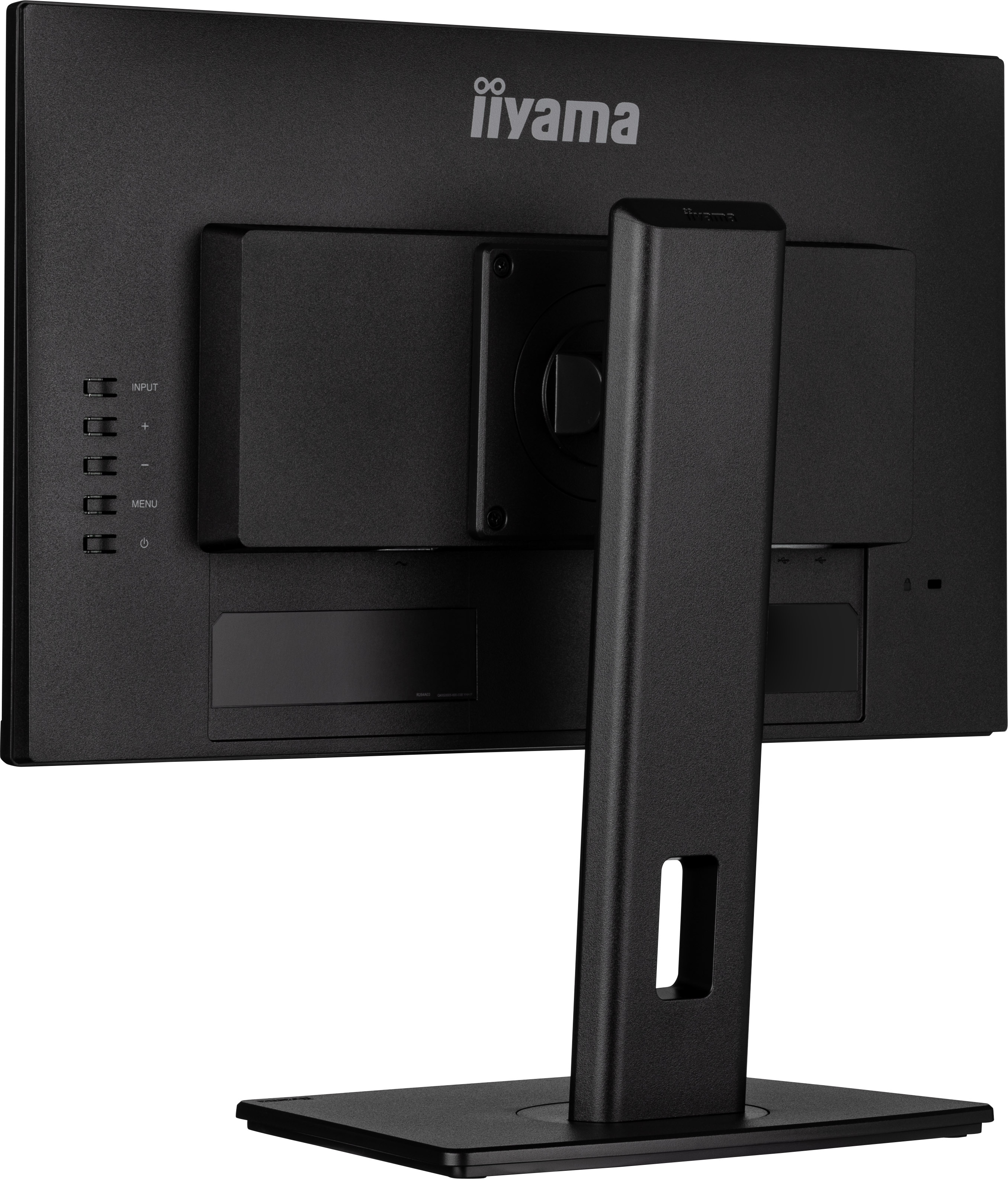 Rückseite eines schwarzen Computermonitors. Er hat einen Ständer, Knöpfe und das iiyama-Logo.