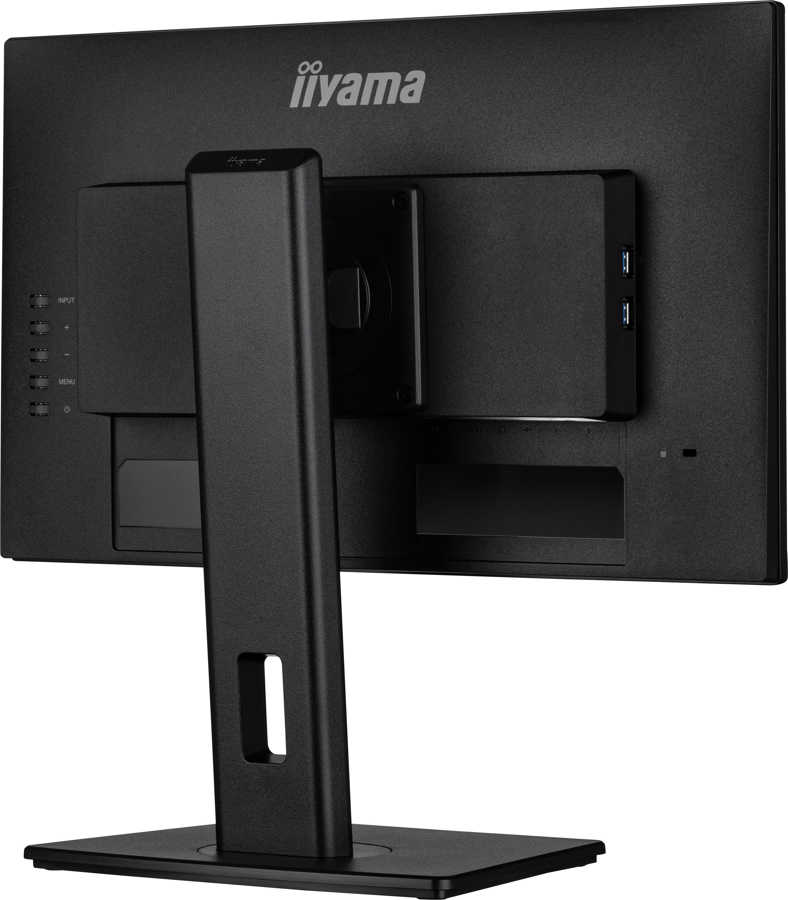 Schwarzer Monitor mit iiyama-Logo. Er hat einen Ständer und Tasten für Eingang, Menü und Strom.