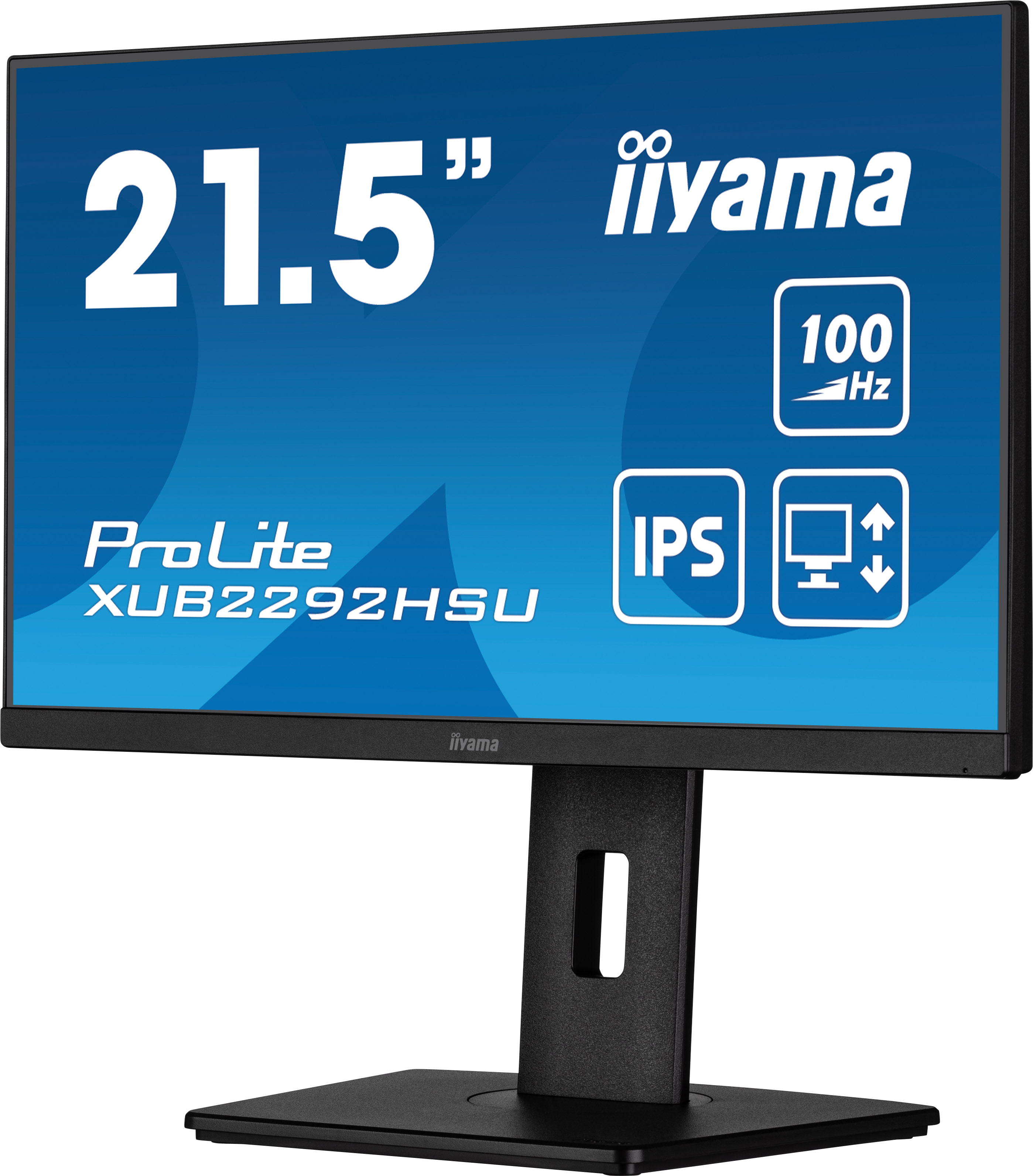 Ein schwarzer iiyama-Monitor mit blauem Bildschirm. Er trägt die Aufschrift 21,5 Zoll, ProLite XUB2292HSU und hat 100Hz- und IPS-Symbole.