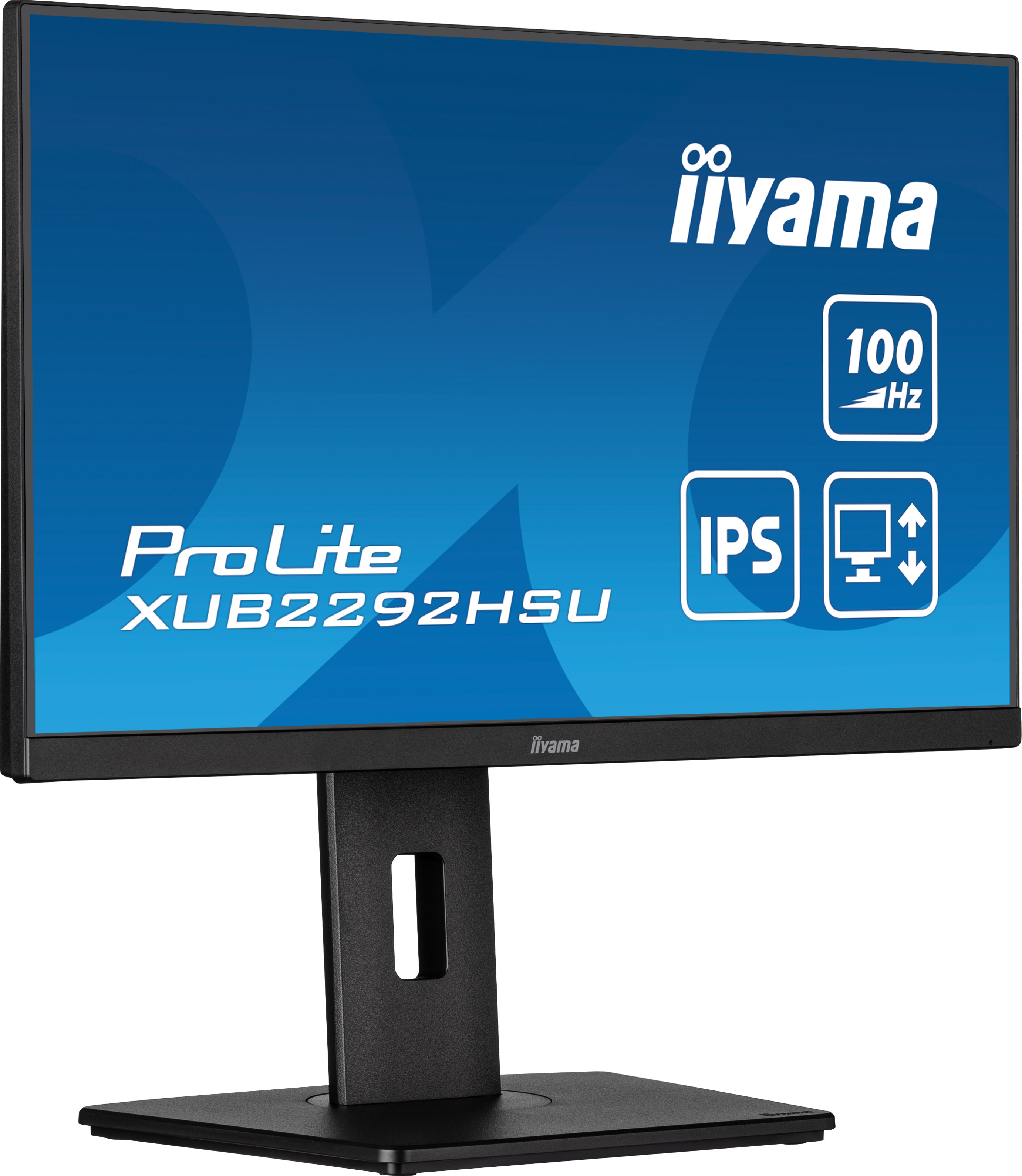 Iiyama-Monitor mit blauem Bildschirm, weißem Text und Symbolen. Schwarzer Rahmen und Ständer. Text: ProLite XUB2292HSU.