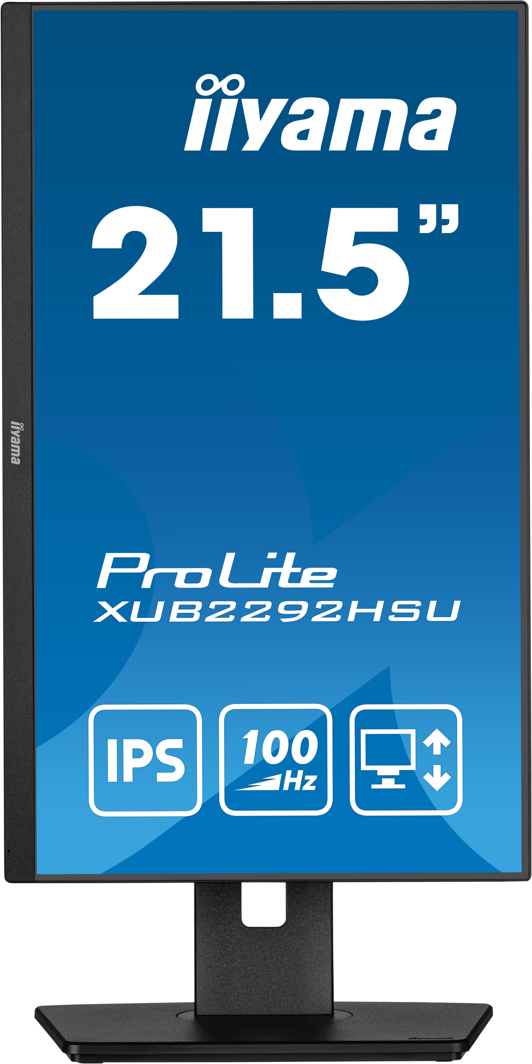 Ein Iiyama-Monitor mit blauem Bildschirm. Er zeigt '21,5 Zoll', 'ProLite XUB2292HSU', 'IPS', '100 Hz' und ein Bildschirm-Symbol an.
