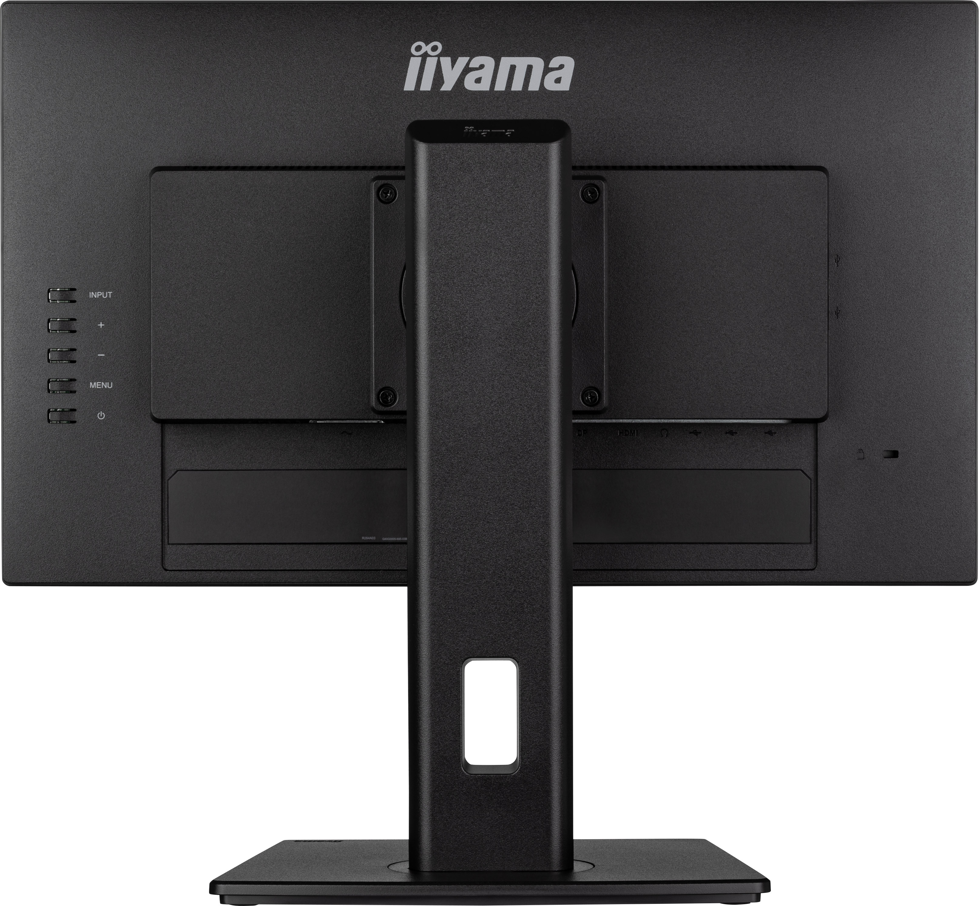 Rückseite eines schwarzen Computermonitors mit Ständer. Iiayama-Logo sichtbar. Eingabetasten links.
