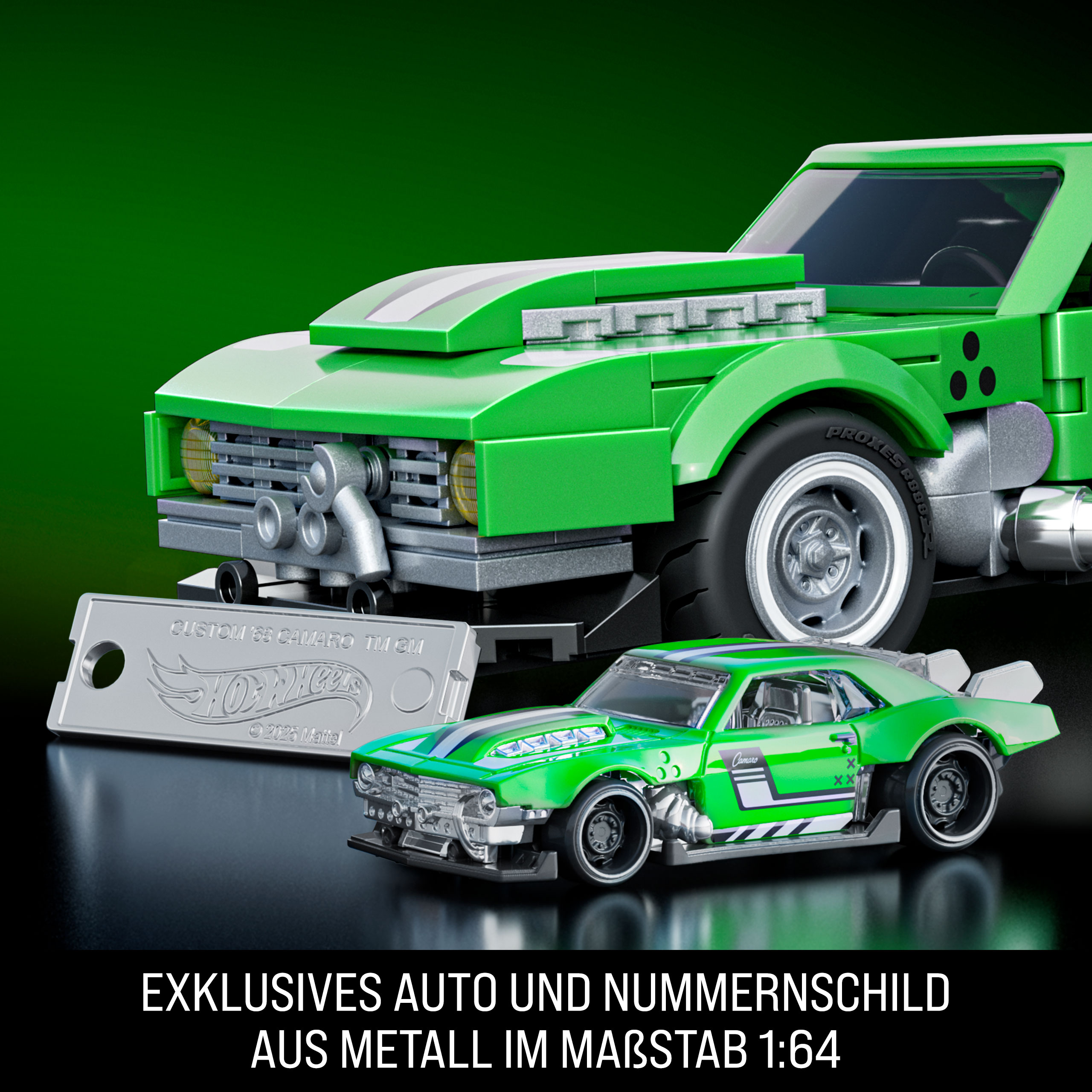 Grünes Spielzeugauto mit silberner Platte. Das Auto ist ein Custom '68 Camaro. Schwarzer Hintergrund mit weißem Text.