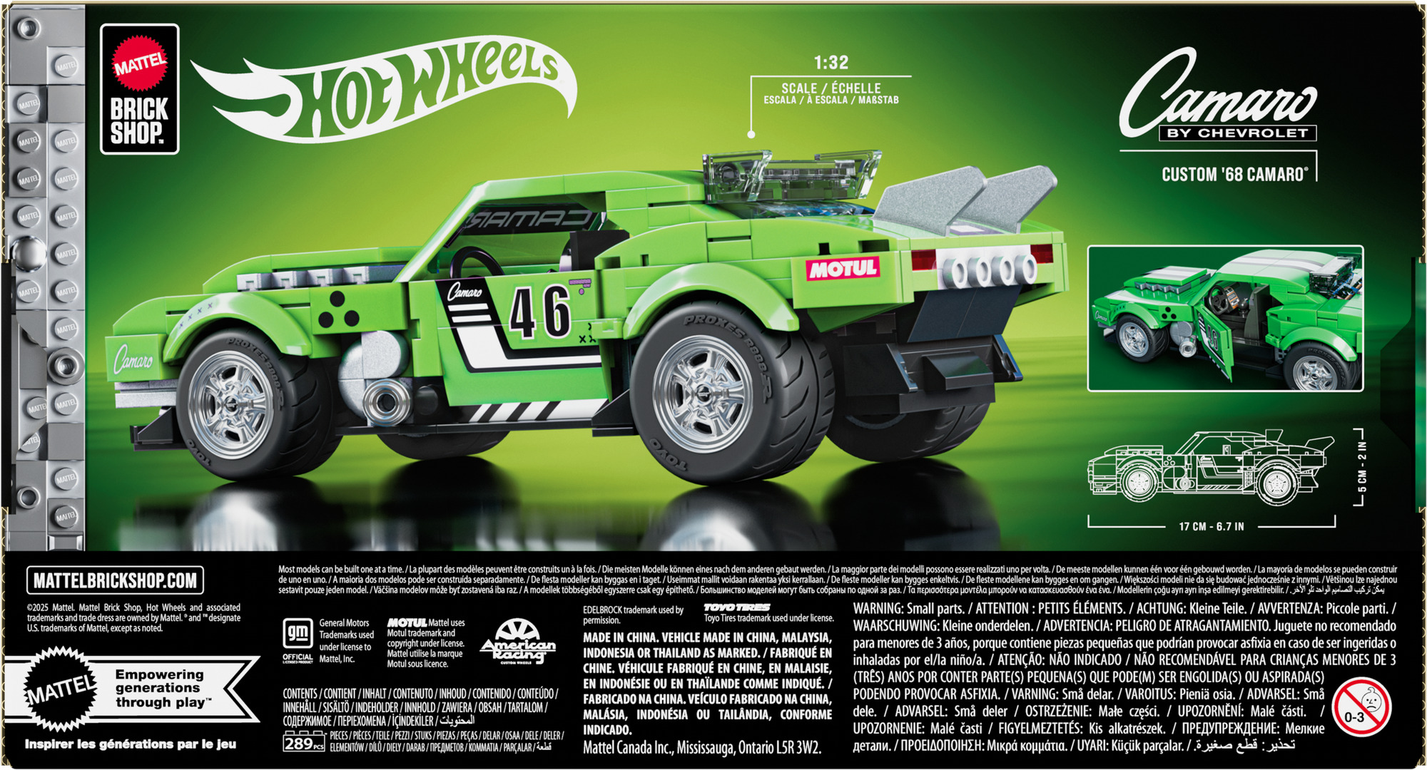 Grünes Hot Wheels Camaro Modellauto. Verfügt über schwarze Reifen, weiße Rennstreifen und die Nummer 46.