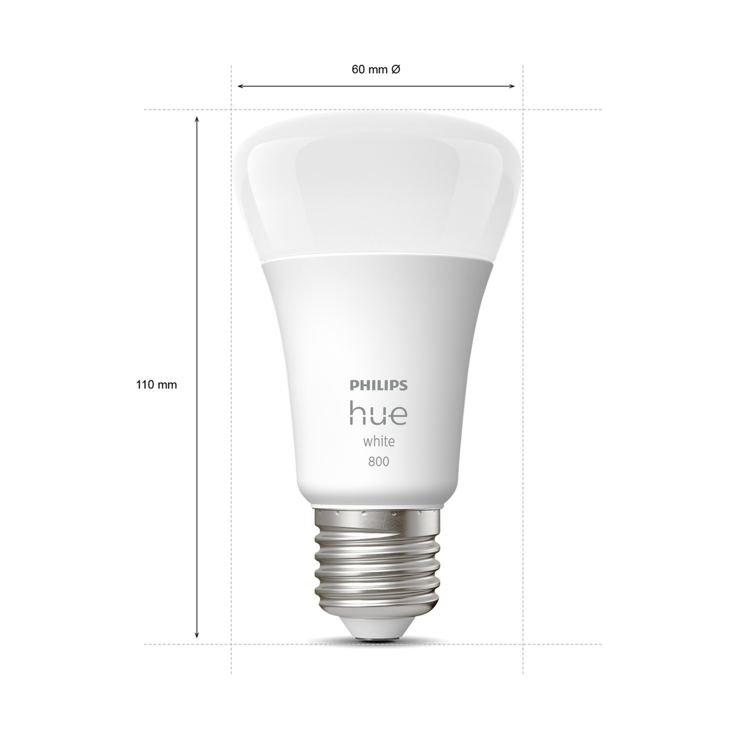 Una lampadina intelligente Philips Hue bianca. Ha dimensioni di 60 mm di diametro e 110 mm di altezza. La lampadina è su sfondo bianco.