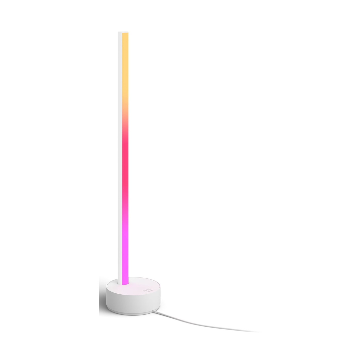Una lampada bianca con una barra luminosa verticale colorata. La barra passa dal rosa al giallo. La base è bianca e rotonda.