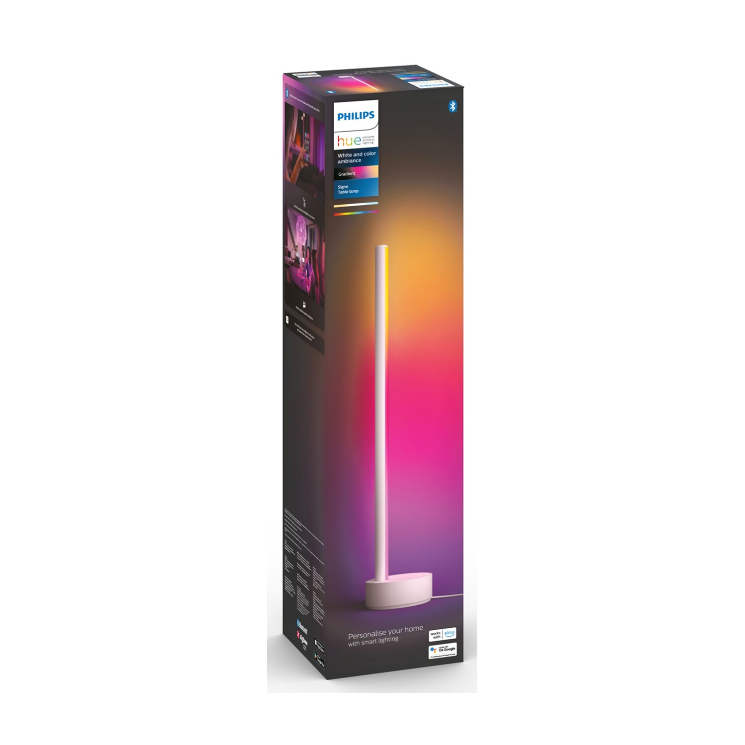 Una lampada da tavolo Philips Hue Signe nella sua scatola. La scatola mostra la lampada e un effetto colore sfumato. La lampada è bianca.