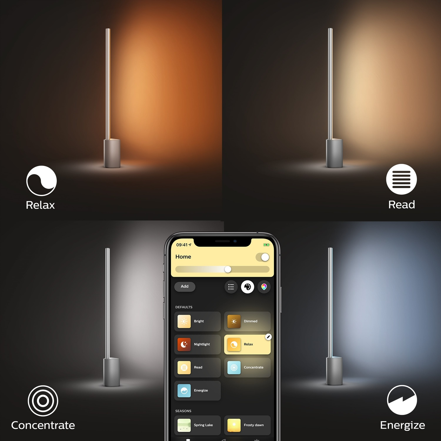 Una lampada intelligente con un telefono cellulare che mostra le opzioni di controllo. La lampada è argentata, con una colonna luminosa e base cilindrica.