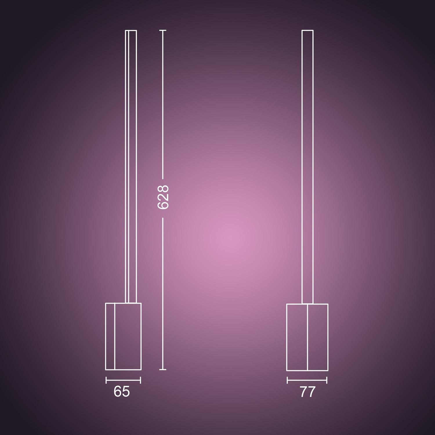 Diagramma di due strutture verticali con dimensioni. Quella a sinistra è larga 65 mm e alta 628 mm. Quella a destra è larga 77 mm.
