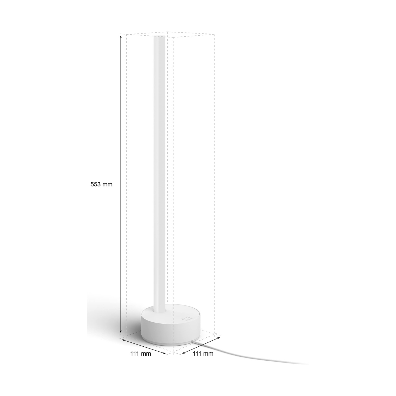 Una lampada bianca e moderna con base rotonda e luce rettangolare alta. Dimensioni: altezza 553 mm e base 111 mm.
