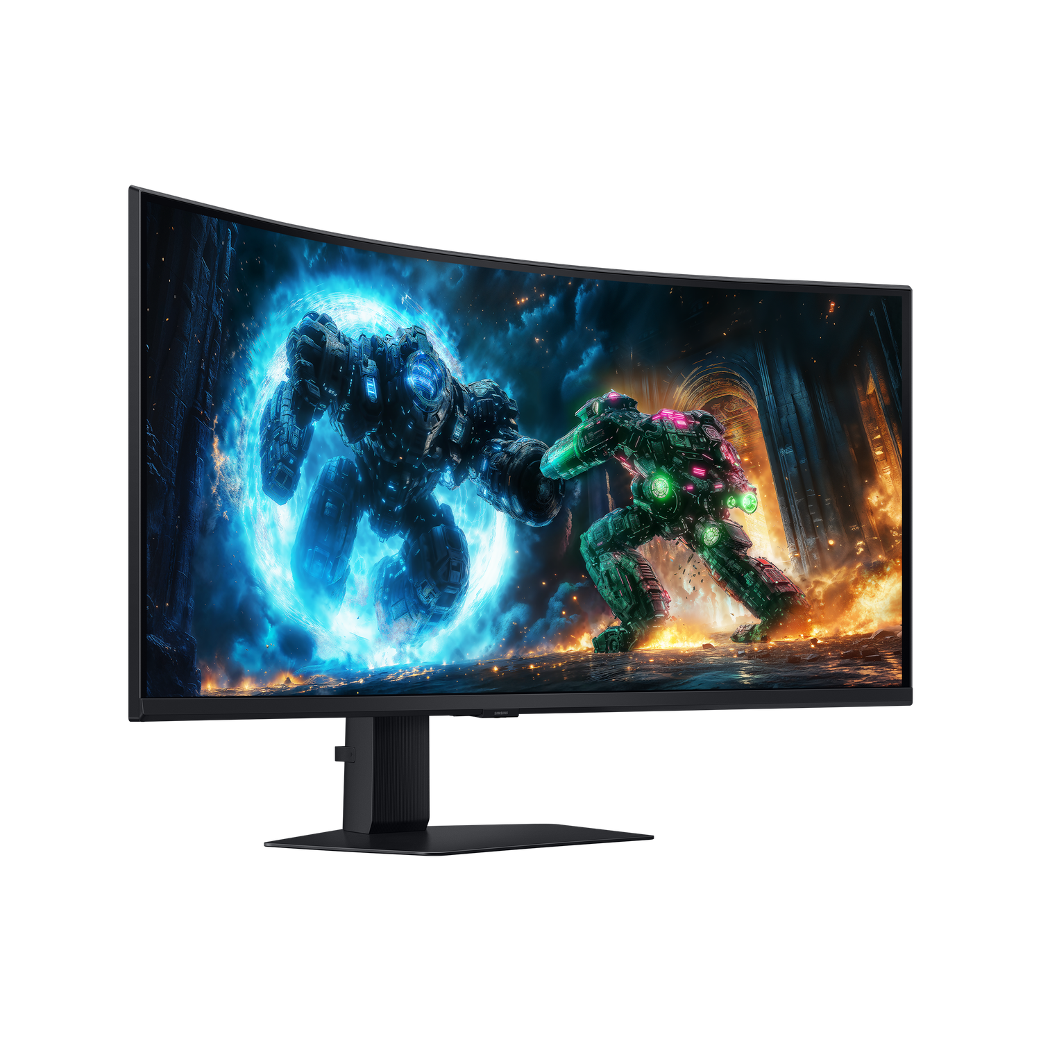A curved monitor displays a sci-fi battle. Two robots clash amidst fire and energy. The scene is set in a futuristic environment.