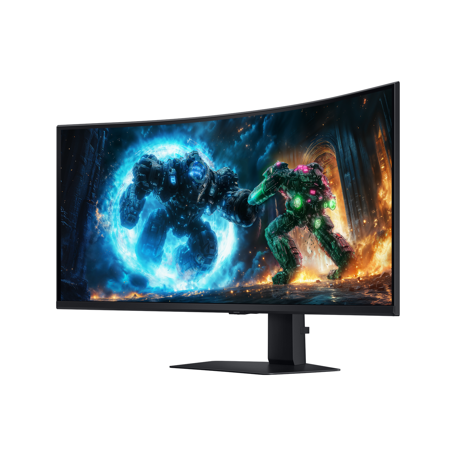 A curved monitor displays a battle scene: a blue mech versus a green mech in a fiery environment.