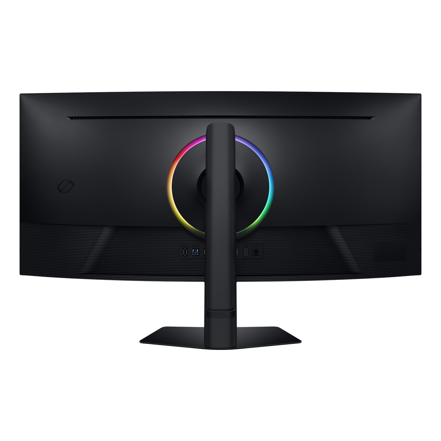 Back of a black monitor. It has a circular light with rainbow colors. The stand is black. The background is black.
