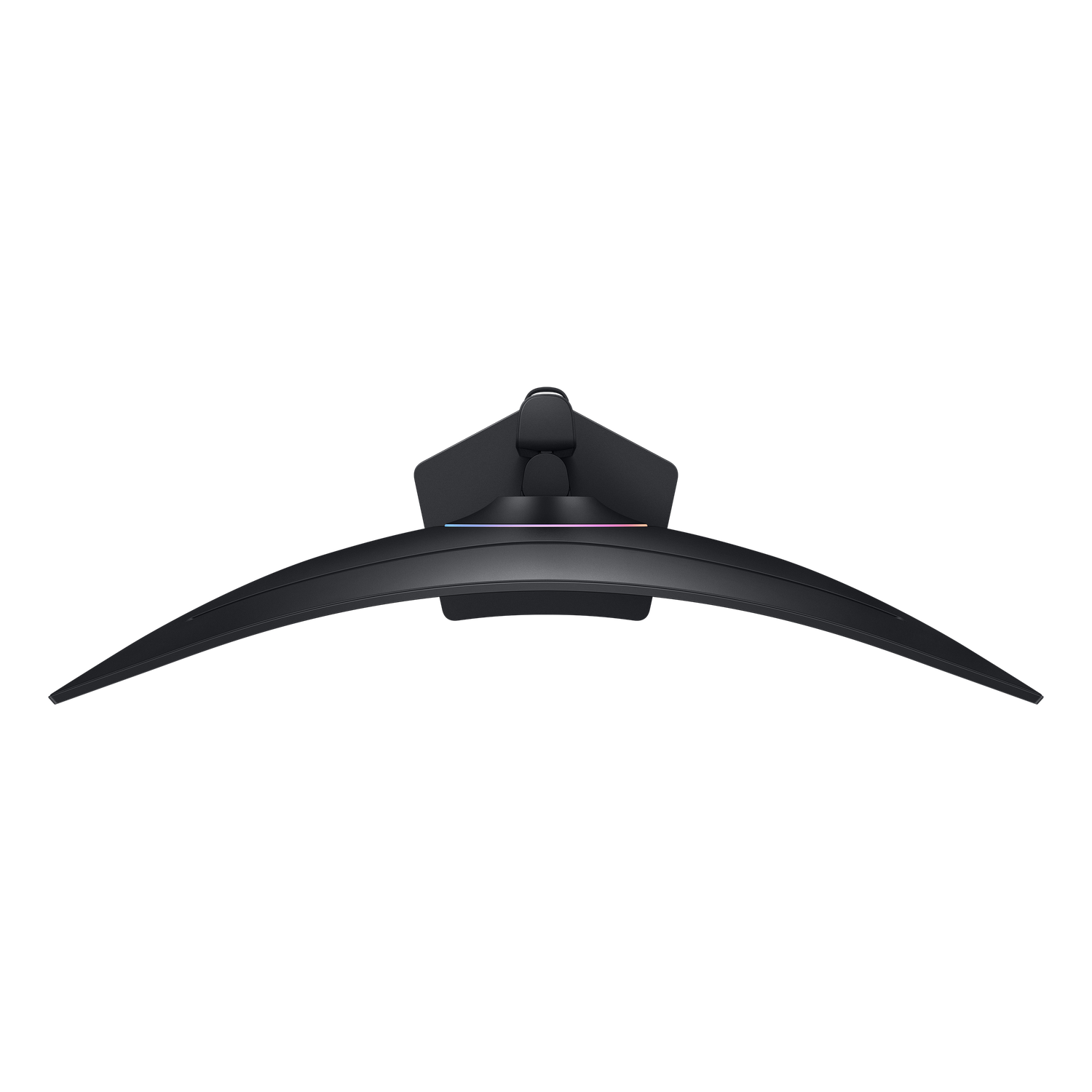 A curved black computer monitor, with a black background. The stand is visible. There is a subtle light at the bottom.