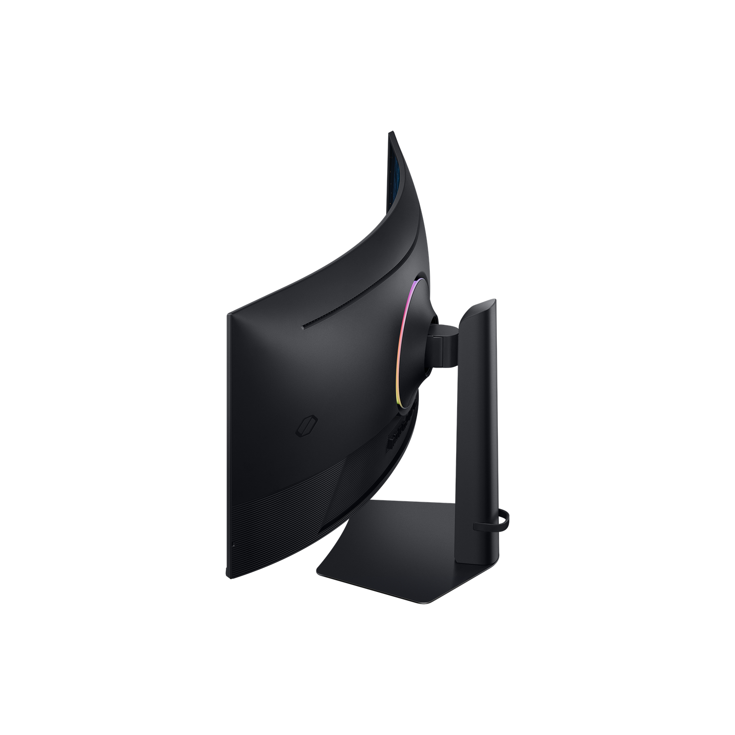 A curved, black computer monitor. It has a stand and a colorful light ring on the back. The background is black.