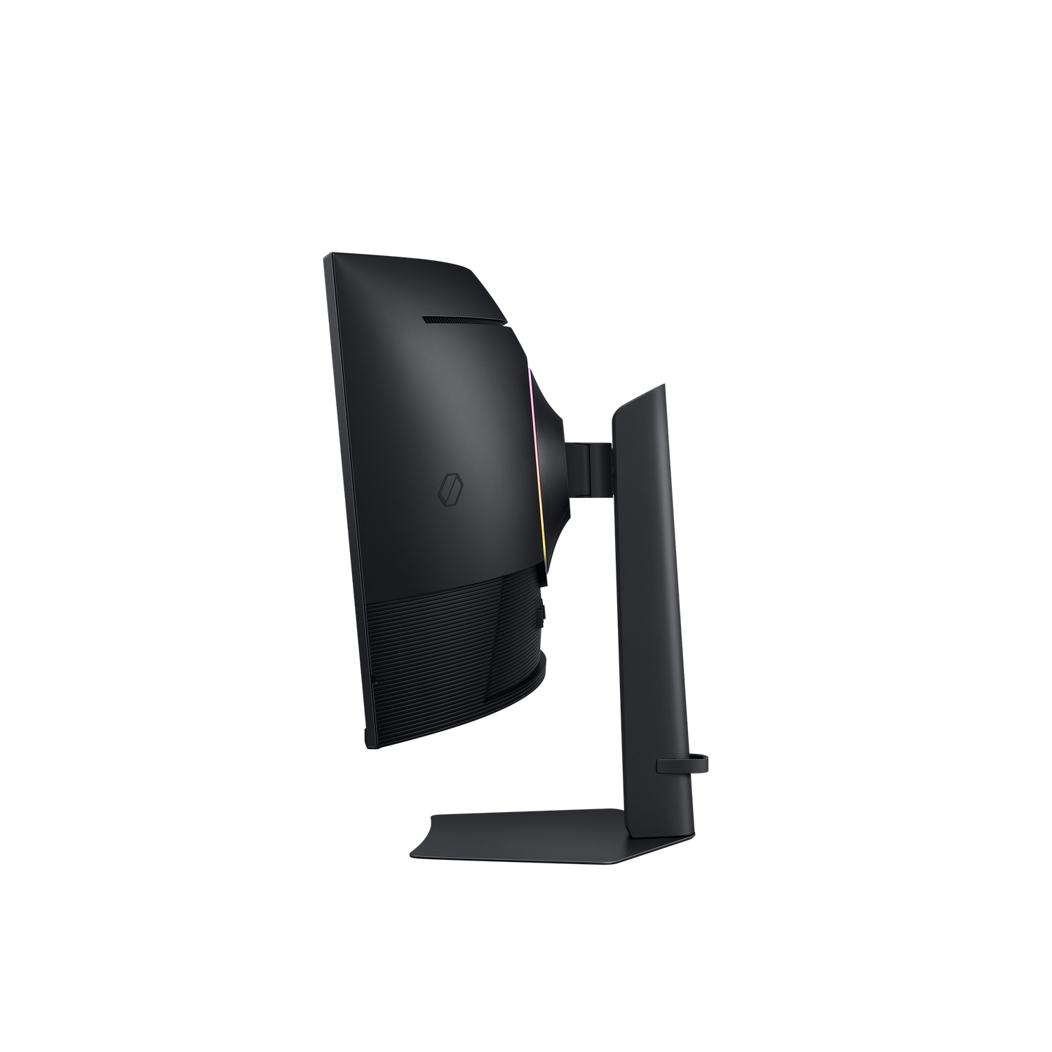 A black curved monitor is seen from the side, mounted on a stand. The screen has colorful lights. The background is black.