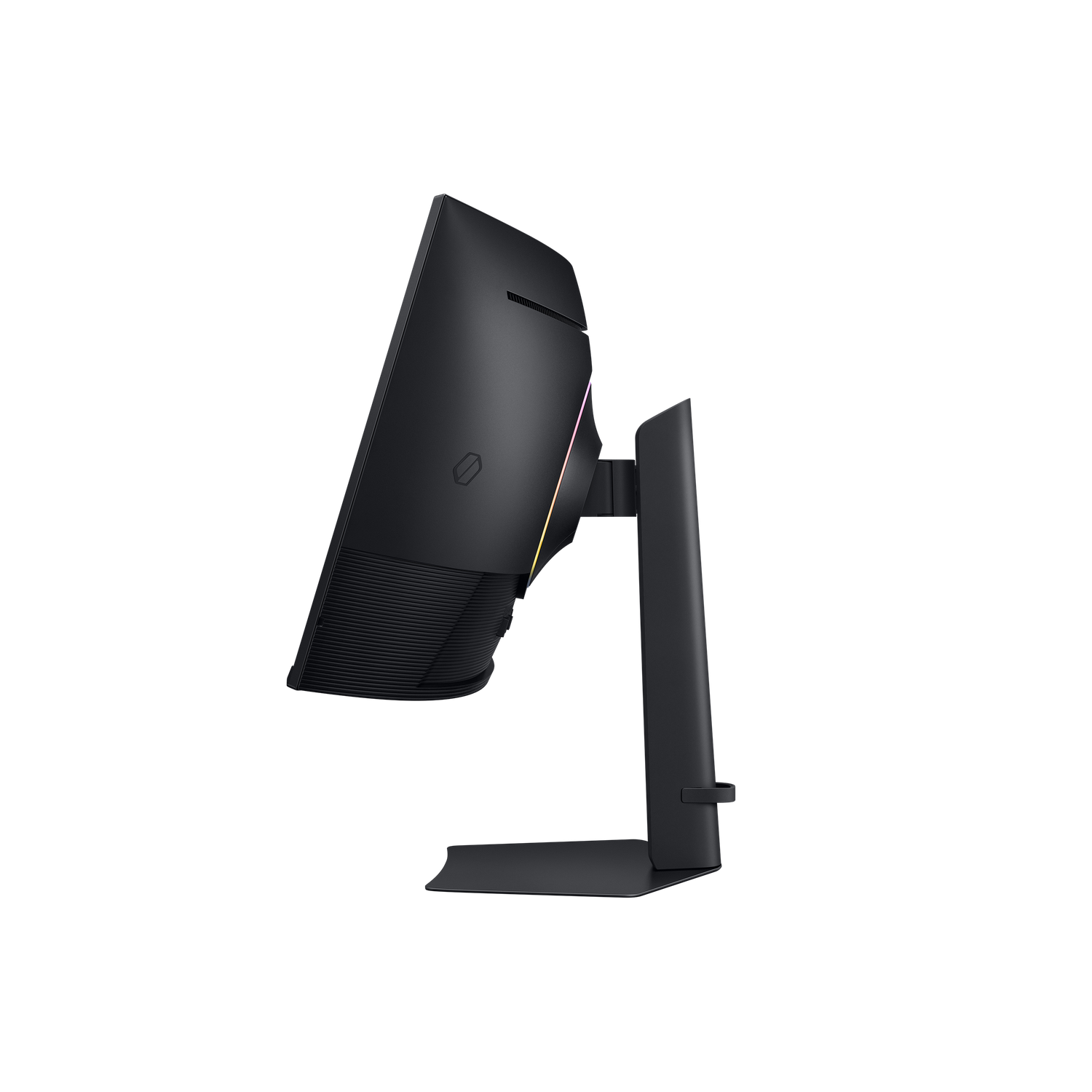 A black computer monitor, viewed from the side, is on a stand. The background is solid black.