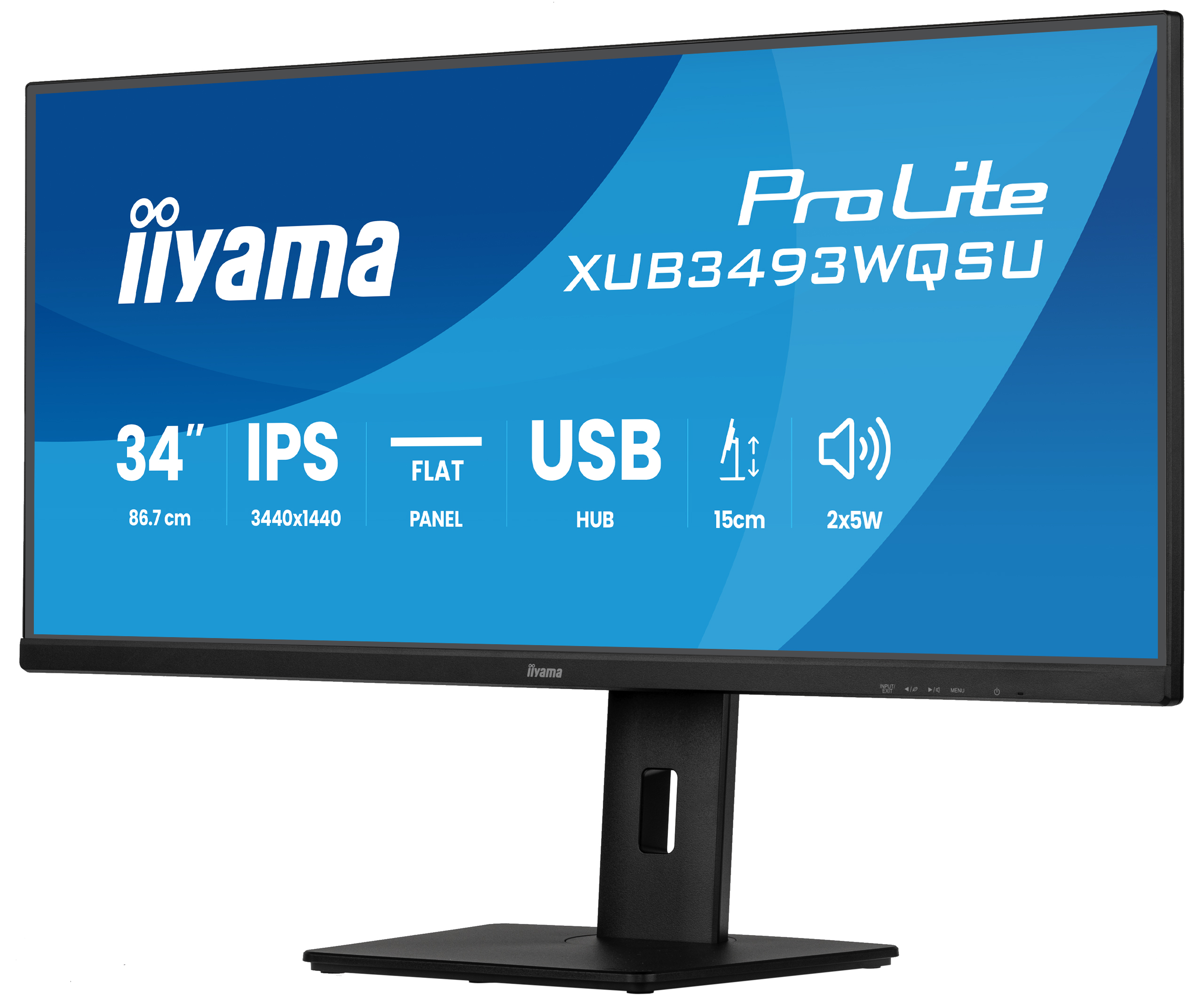 Ein schwarzer Iiyama ProLite-Monitor. Er hat ein flaches Panel, USB-Hub, 34" IPS und 3440x1440 Auflösung.