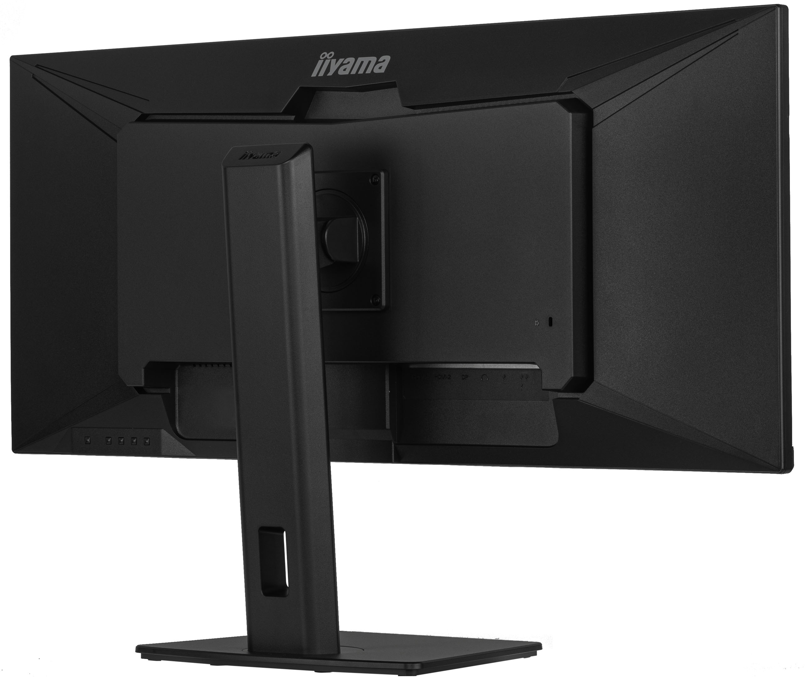 Rückseite eines schwarzen Computermonitors mit Ständer. Oben steht der Markenname 'iiyama'.