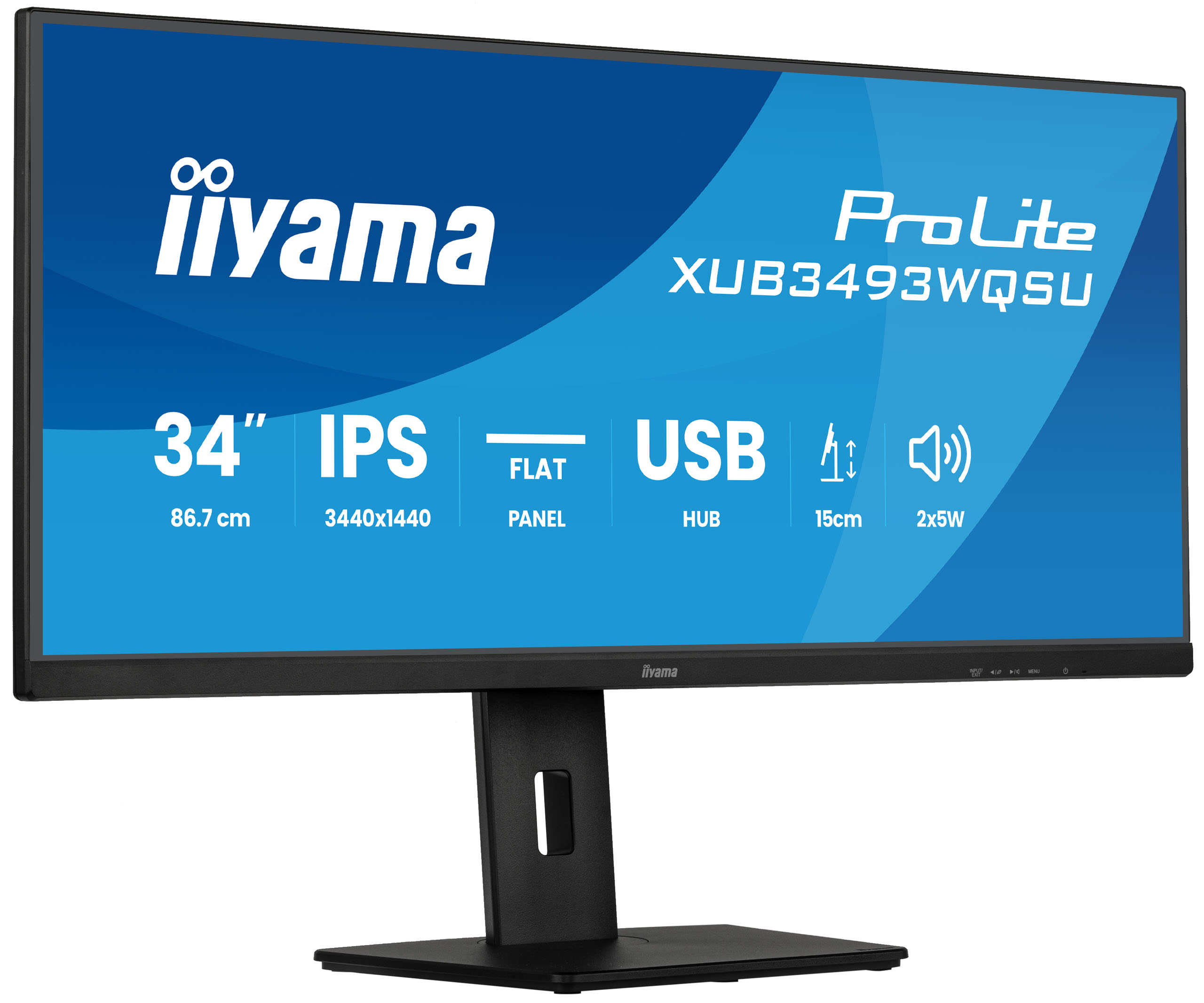Ein schwarzer iiyama ProLite Monitor. Er hat einen blauen Hintergrund mit weißem Text. Zeigt Größe, Paneltyp und USB-Hub.