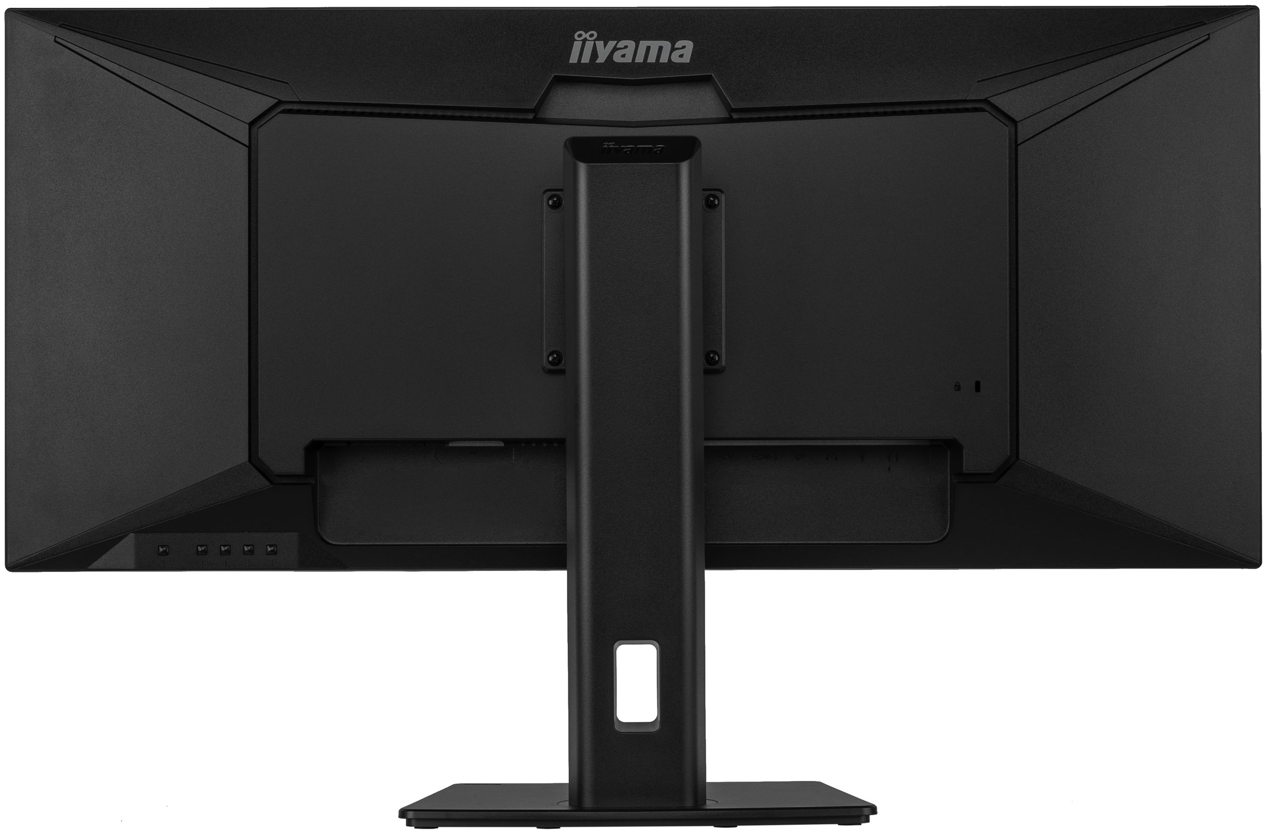 Die Rückseite eines schwarzen Computermonitors wird gezeigt. Er hat einen Ständer, und der Markenname iiyama steht oben.