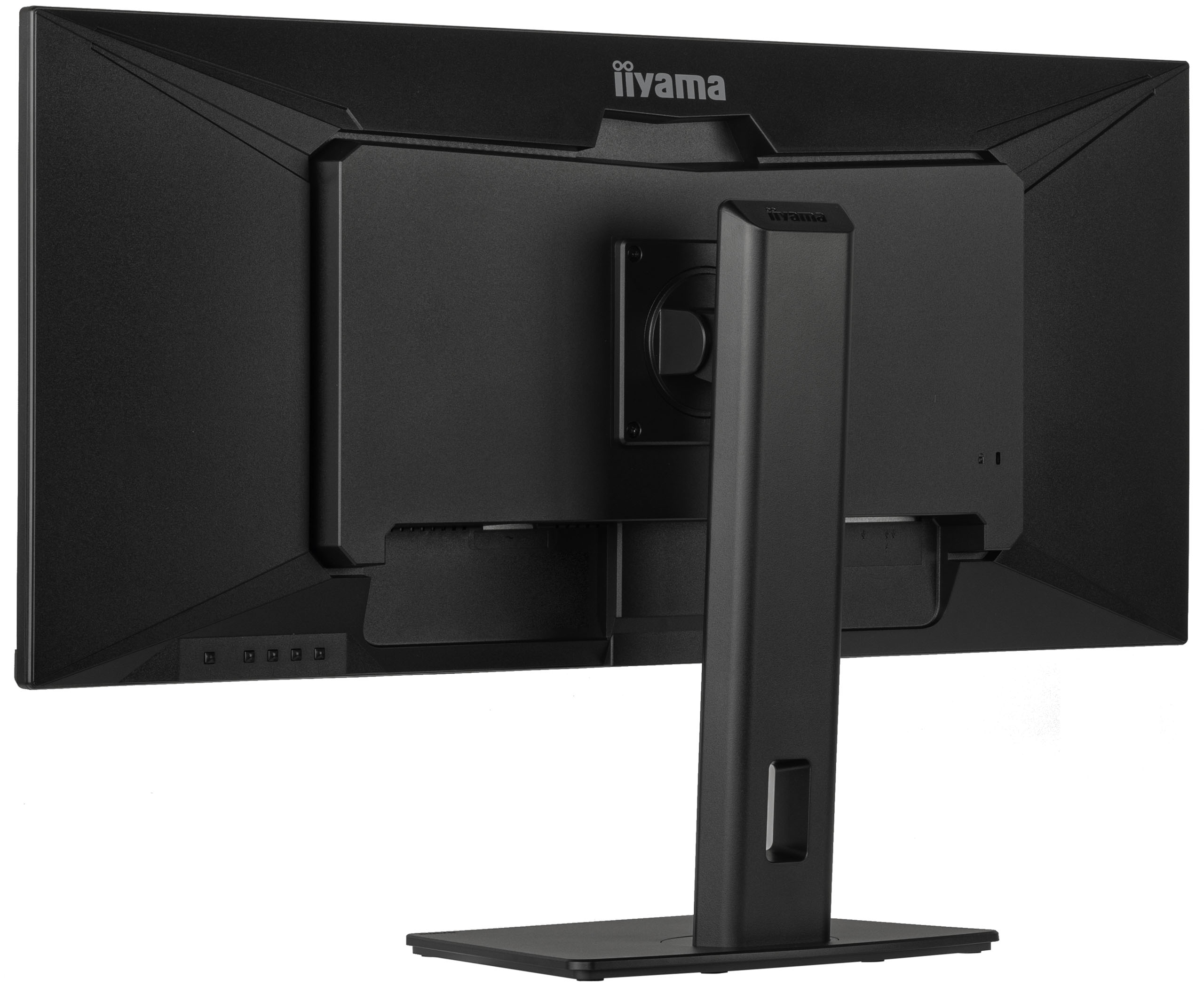 Rückseite eines schwarzen Computermonitors. Das Iiyama-Logo befindet sich oben. Der Ständer ist ebenfalls schwarz.