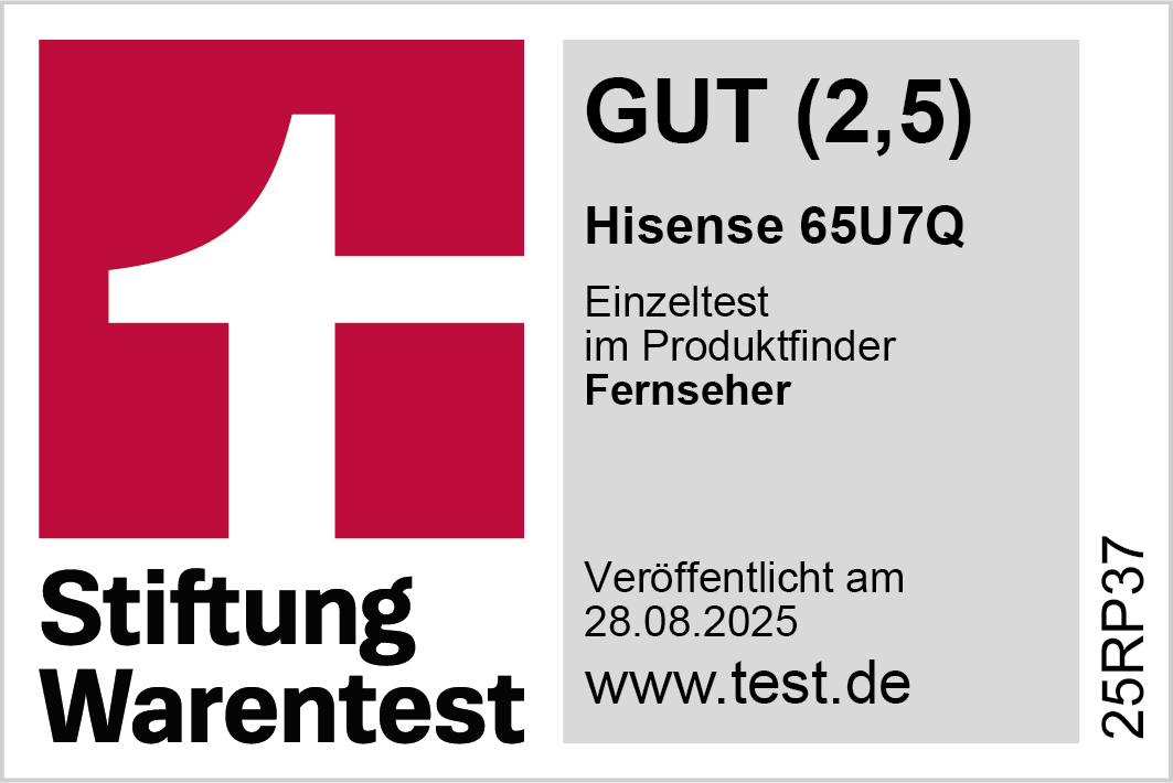 Das Bild zeigt ein Logo mit rotem Quadrat und weißer '1' sowie Text: GUT (2,5), Hisense TV, Einzeltest, Stiftung Warentest, 28.08.2025.