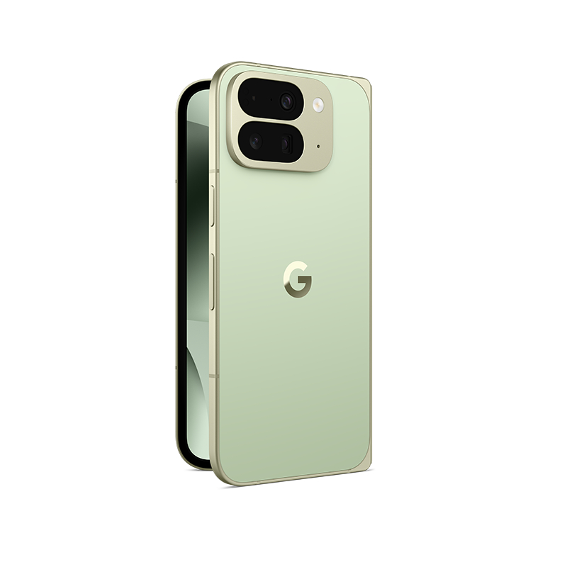 Ein hellgrünes Smartphone mit goldenem Rahmen. Es hat eine Dual-Kamera und ein 'G'-Logo auf der Rückseite. Der Bildschirm ist links sichtbar.