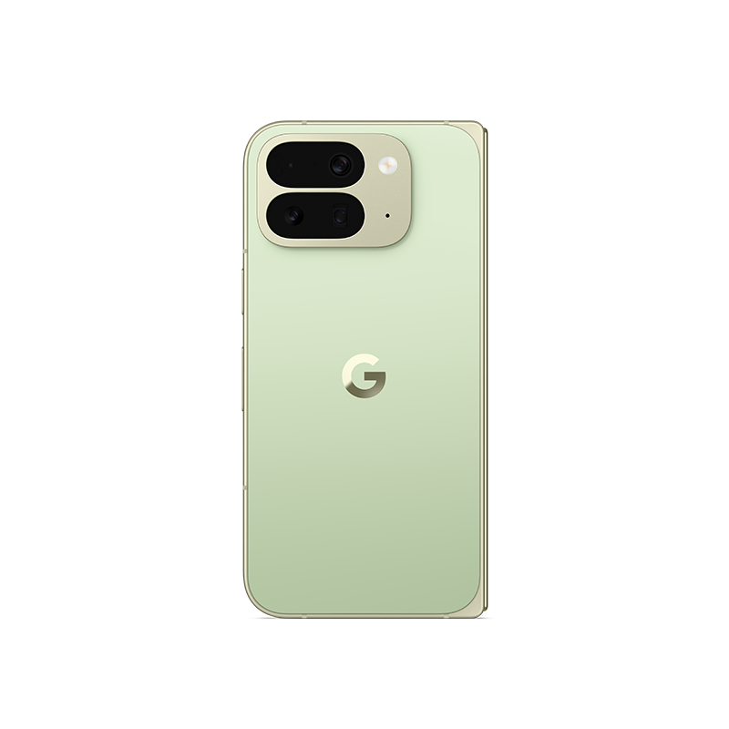 Ein hellgrünes Smartphone mit Google-Logo. Es hat eine Dual-Kamera und einen Blitz. Das Design des Telefons ist modern und elegant.