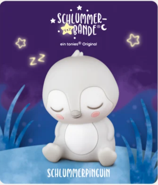 Ein schlafendes Pinguin-Spielzeug mit geschlossenen Augen, auf einem violetten Hintergrund mit Sternen. Der Text lautet 'Schlummerpingui'.