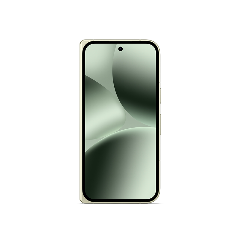 Ein Smartphone mit grünem Bildschirm, der abstrakte Formen zeigt. Das Telefon hat einen goldfarbenen Rahmen und eine kleine Frontkamera.