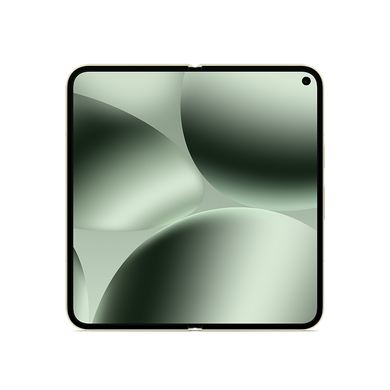 Ein zusammengeklapptes Tablet mit grünem Bildschirm zeigt sich überlappende Kugeln. Das Tablet hat einen schwarzen Rahmen und einen kleinen Kamerapunkt.