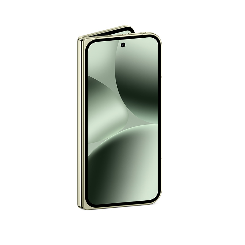 Ein teilweise geöffnetes Smartphone mit grünem Bildschirm, goldenem Rahmen und schwarzen Rändern. Vor weißem Hintergrund.